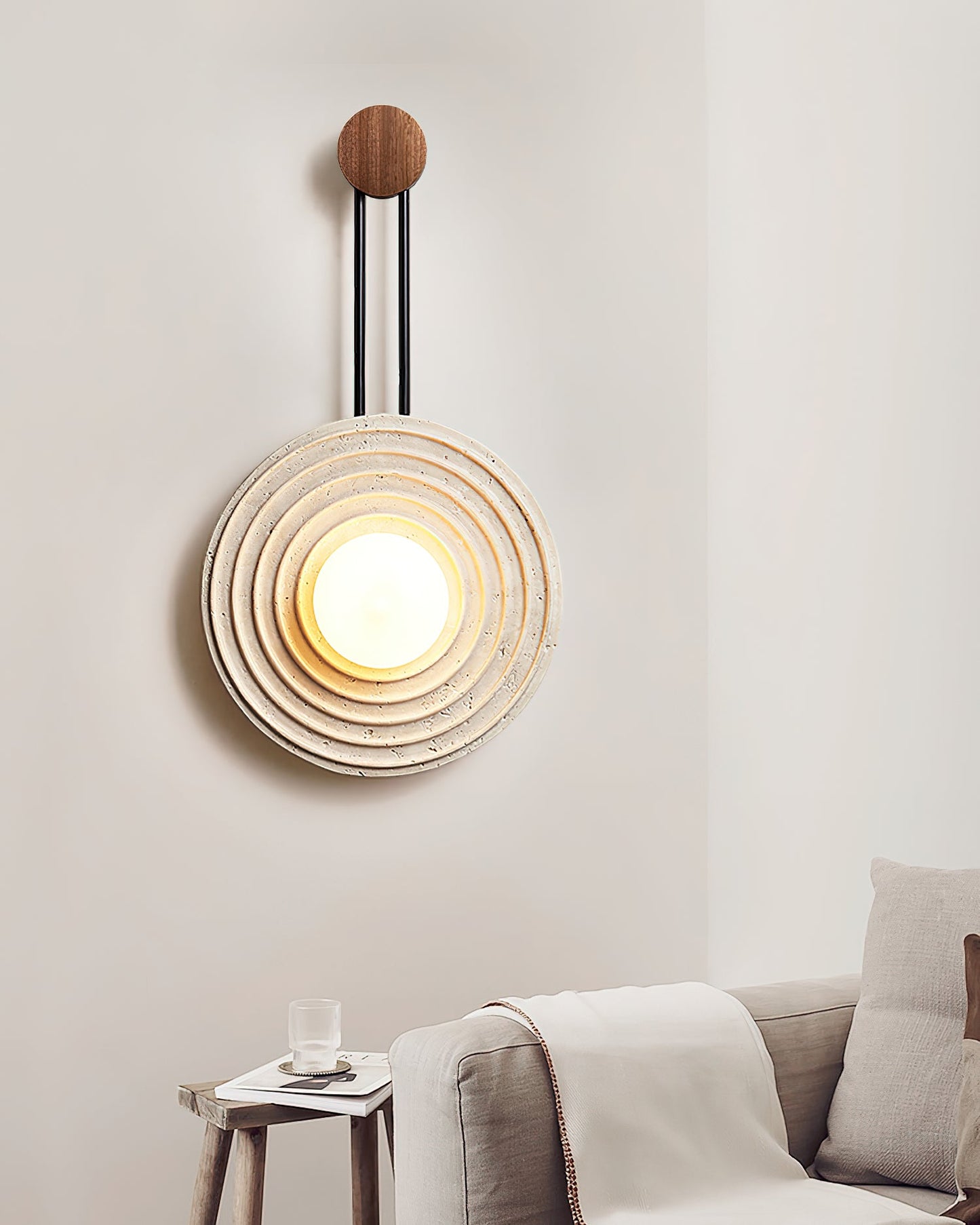 Growth Ring Wall Lamp | Yellow Travertine, Wood, Glass | Beige, Dark Walnut, Wood Color