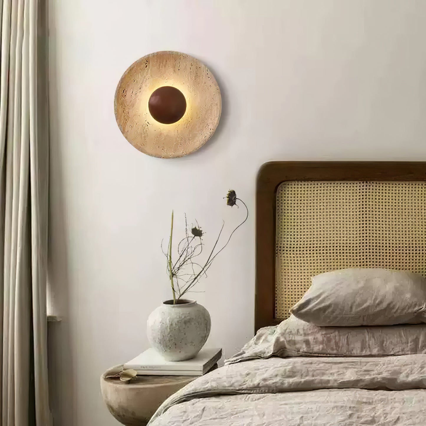 Halo Travertine Wall Light | Yellow Travertine & Wood | 25cm