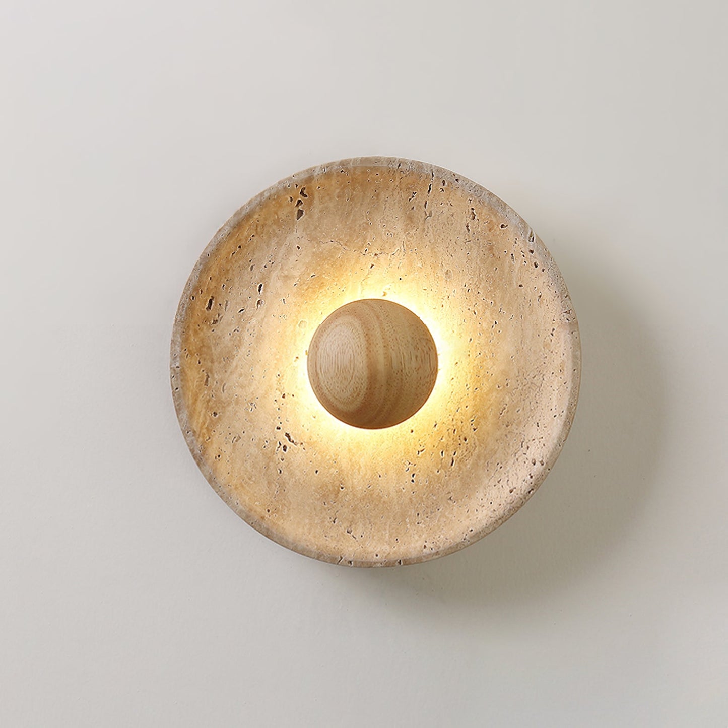 Halo Travertine Wall Light | Yellow Travertine & Wood | 25cm