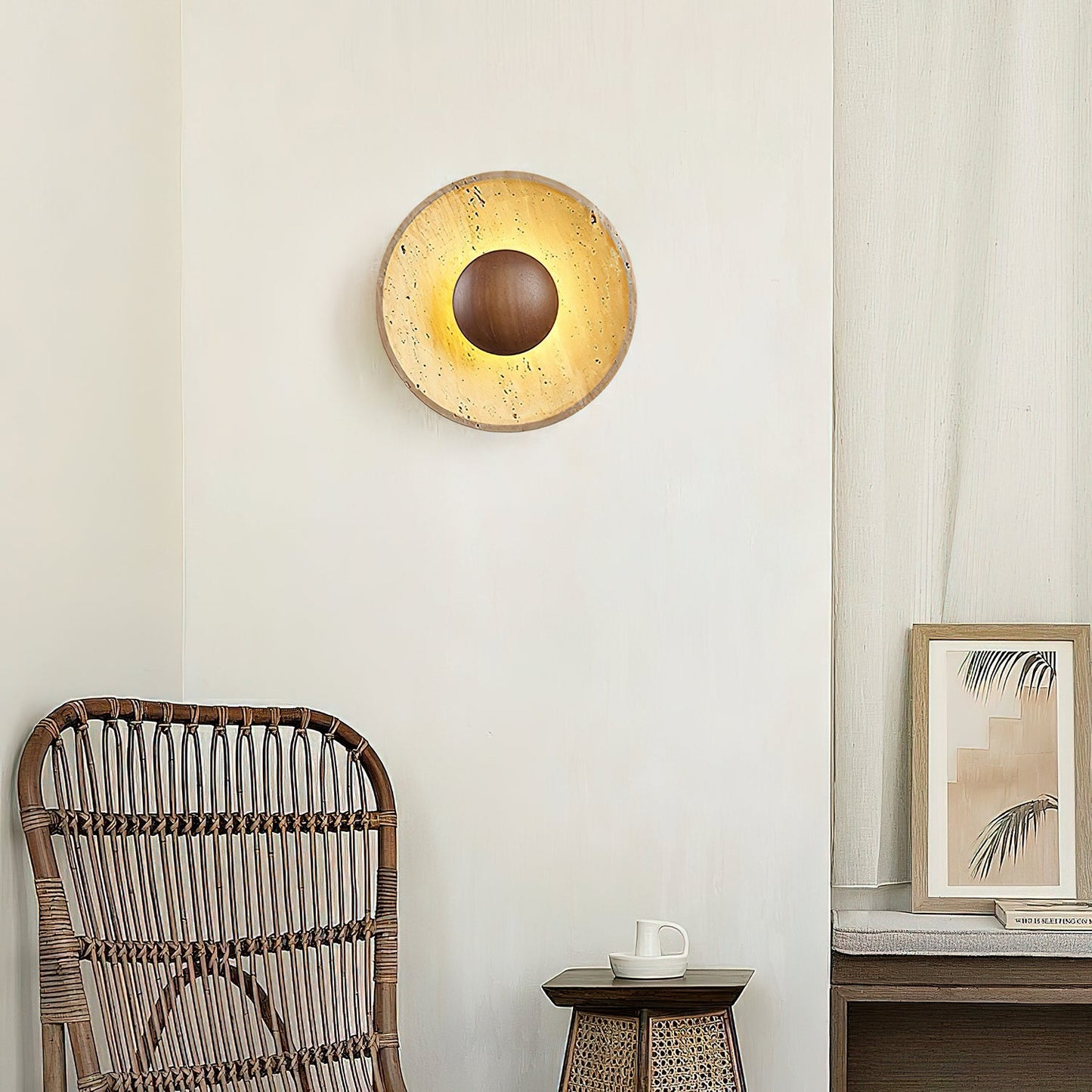 Halo Travertine Wall Light | Yellow Travertine & Wood | 25cm