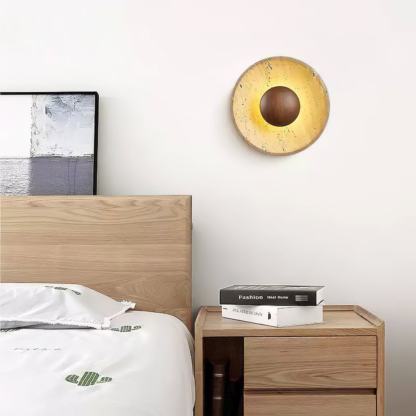 Halo Travertine Wall Light | Yellow Travertine & Wood | 25cm