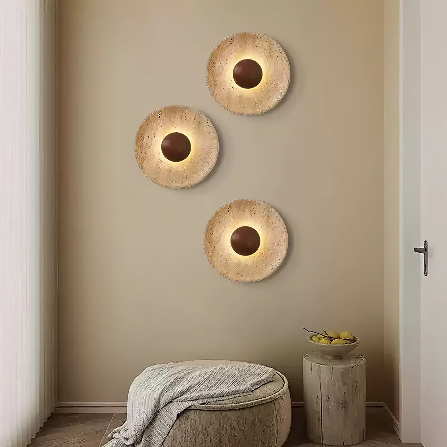 Halo Travertine Wall Light | Yellow Travertine & Wood | 25cm