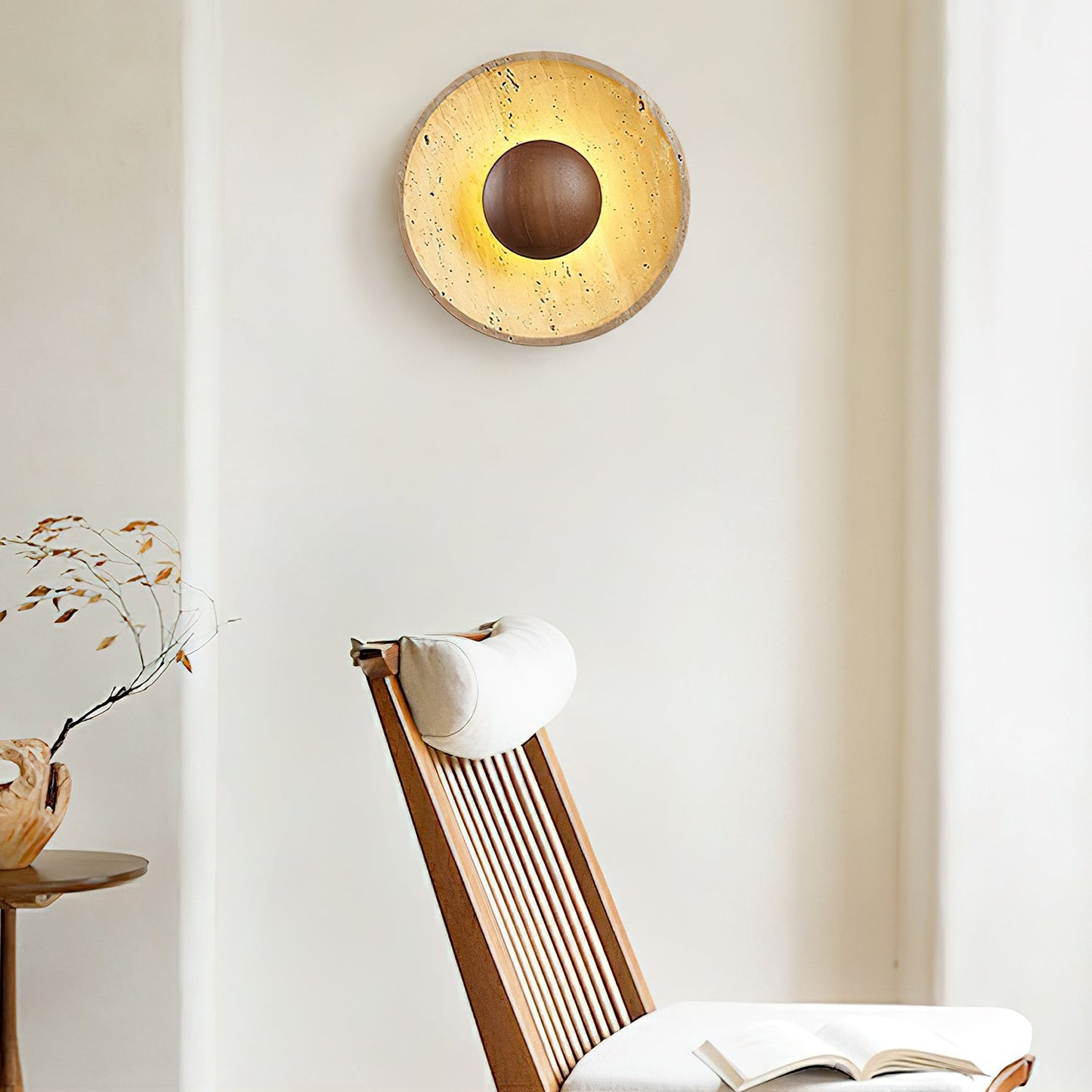 Halo Travertine Wall Light | Yellow Travertine & Wood | 25cm