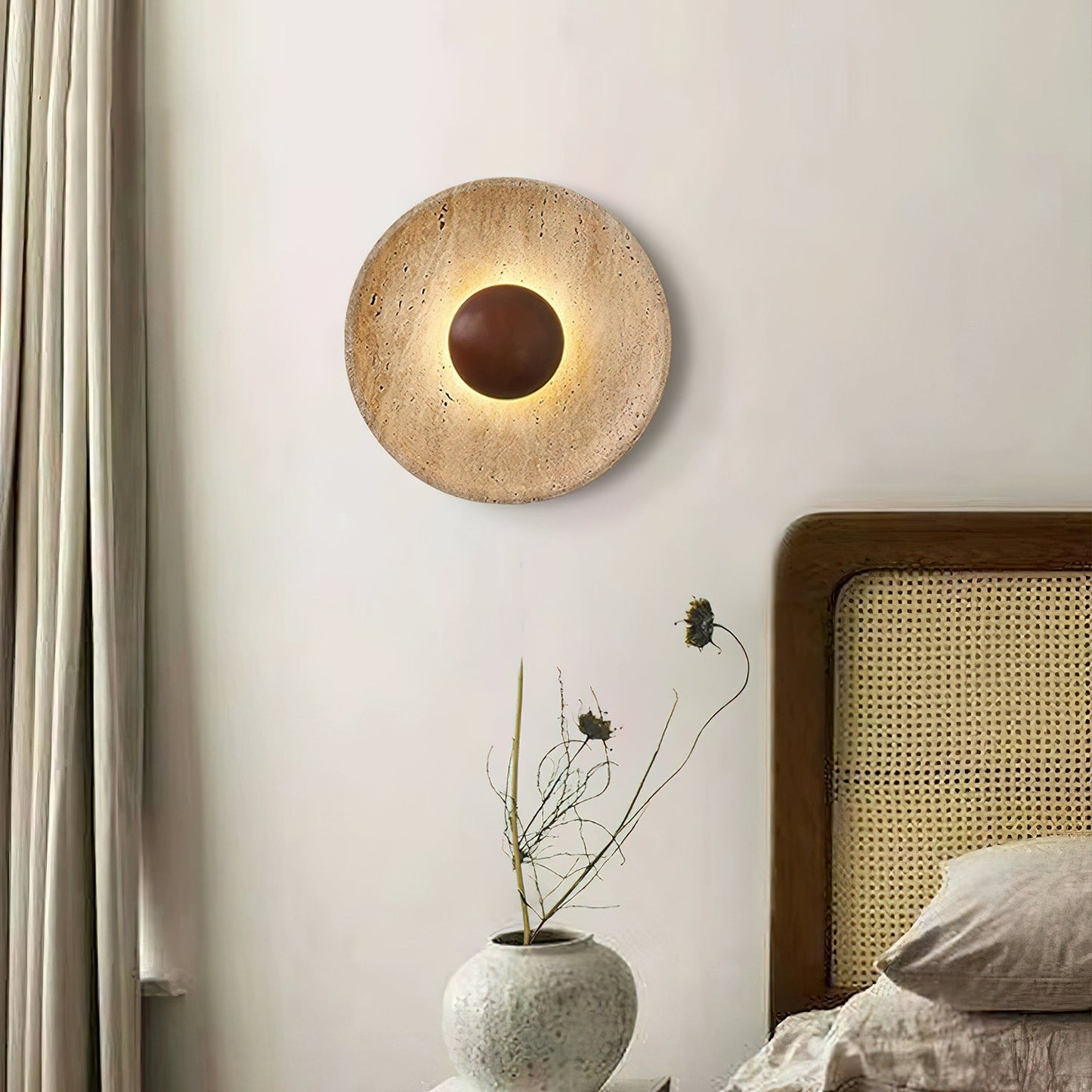 Halo Travertine Wall Light | Yellow Travertine & Wood | 25cm