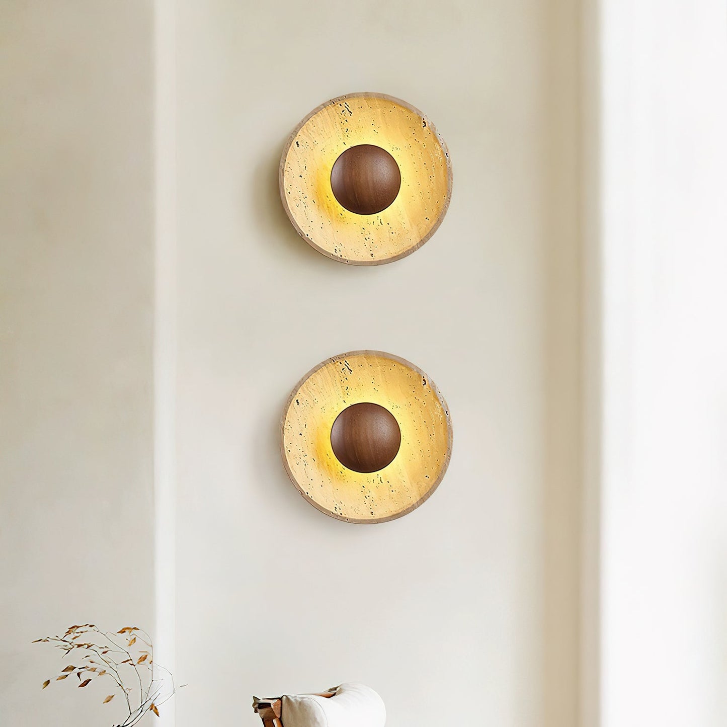 Halo Travertine Wall Light | Yellow Travertine & Wood | 25cm