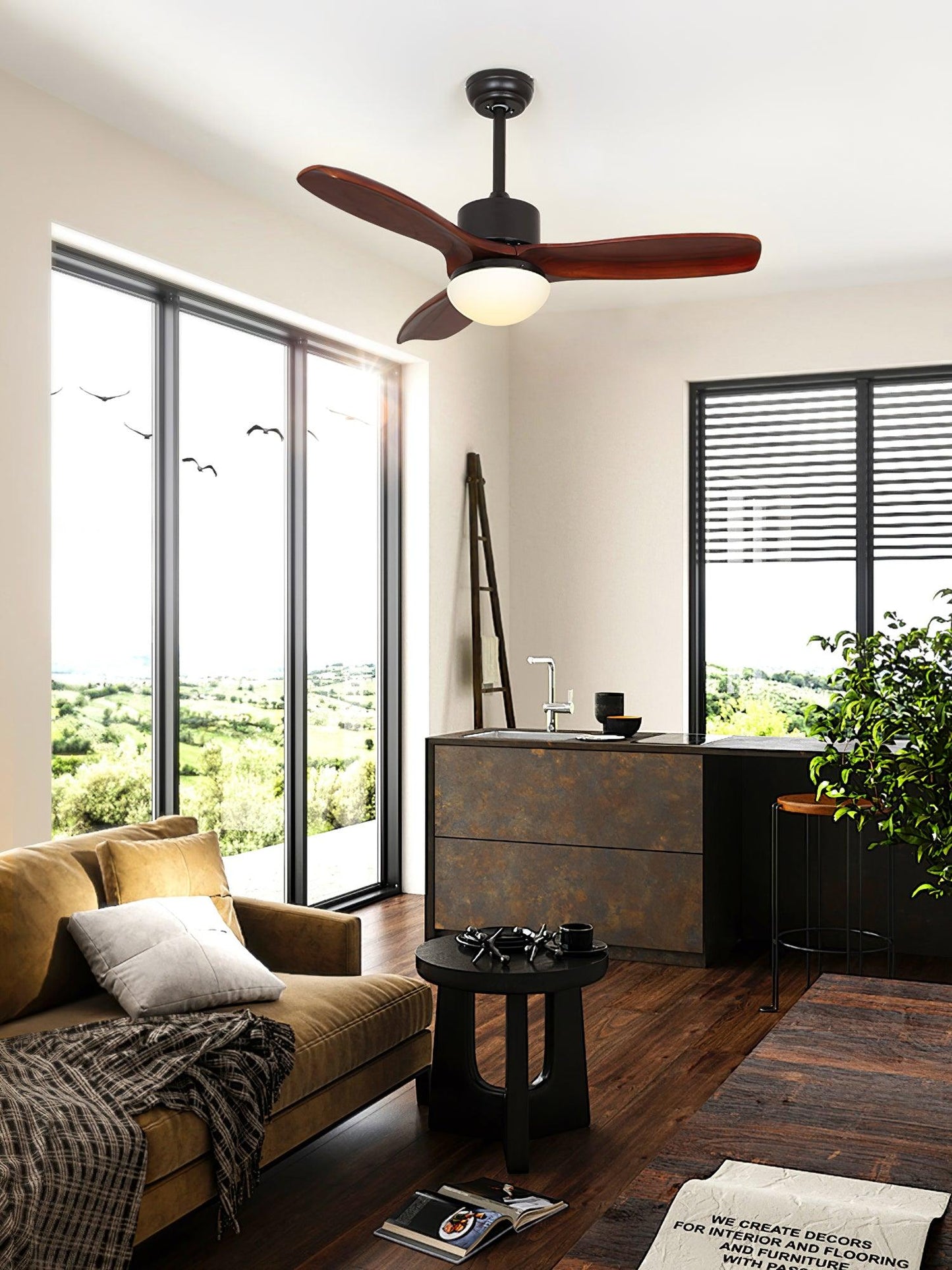 Harborough 3 Ceiling Fan Light | LED Integrated | White & Wooden
