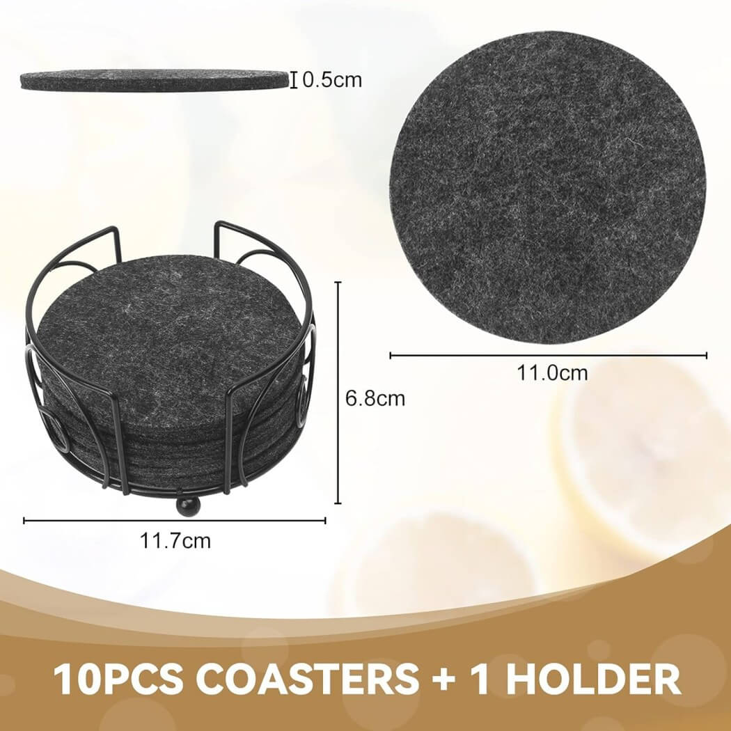 Felt Coaster Set | Non-Slip Design | 10 Pieces with Holder