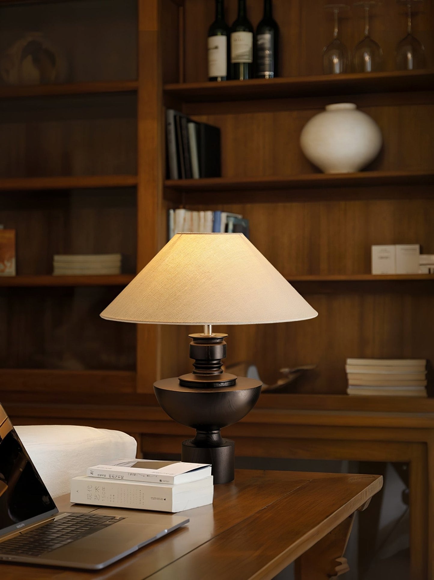 Helios Vase Table Lamp | Wooden Base | Beige Shade