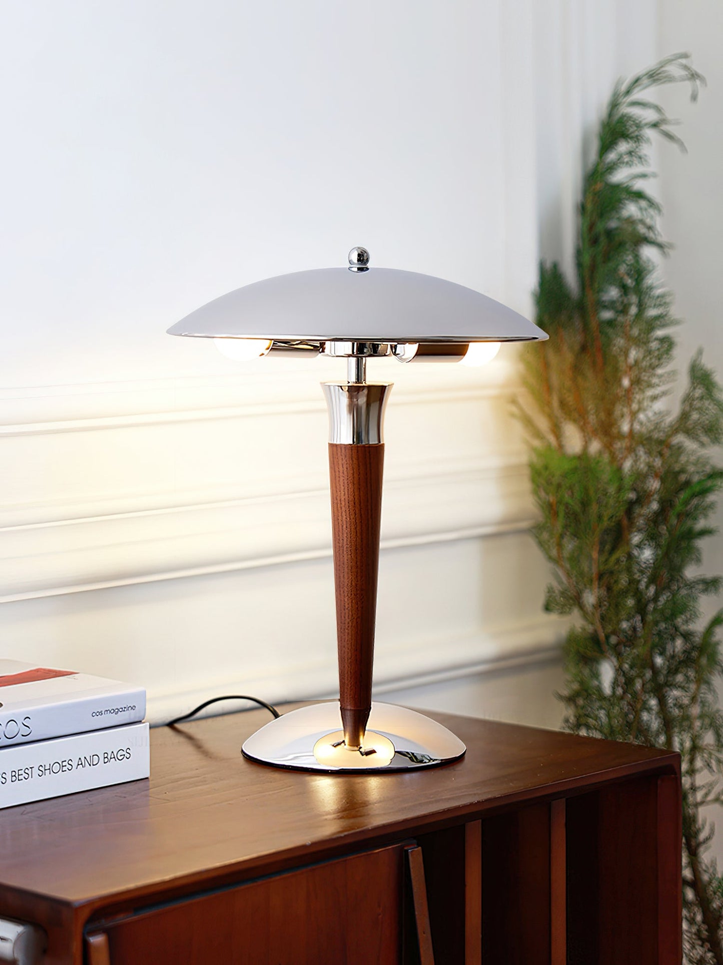 Helmet Table Lamp | Metal & Walnut Wood | Chrome Shade