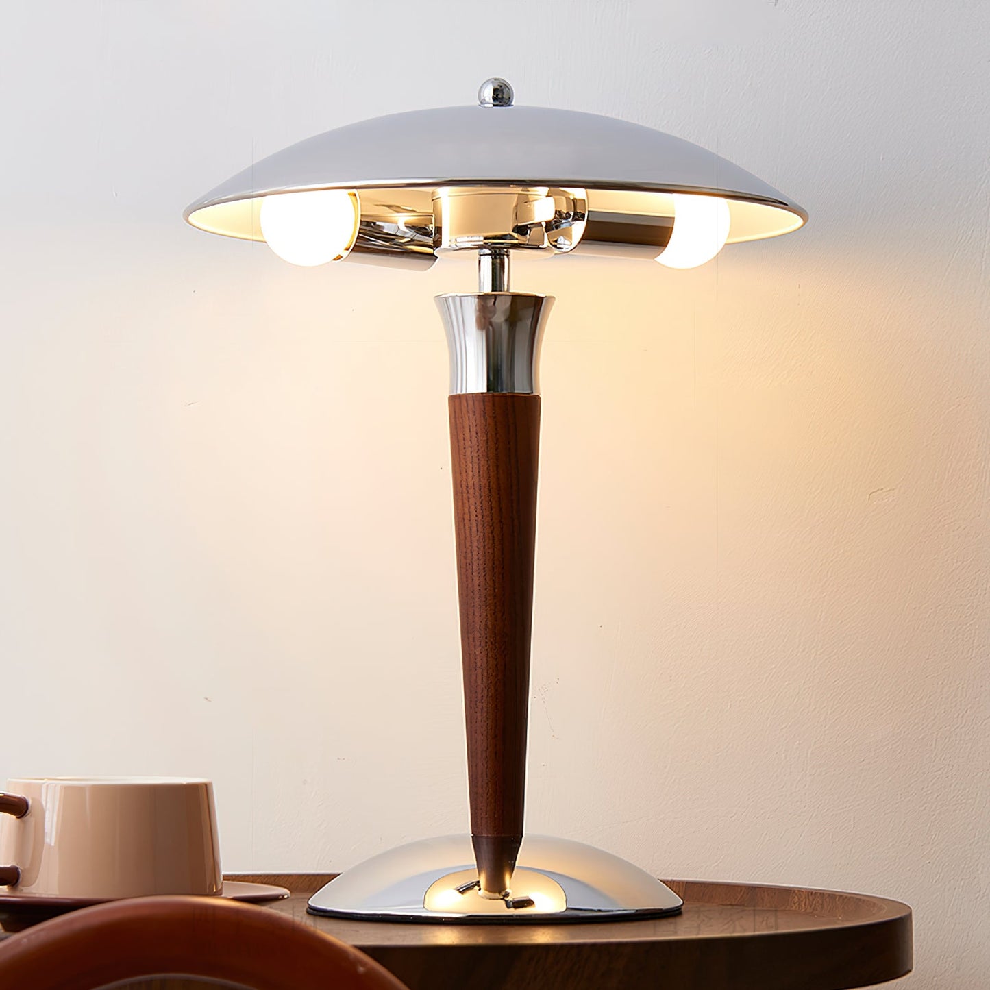 Helmet Table Lamp | Metal & Walnut Wood | Chrome Shade