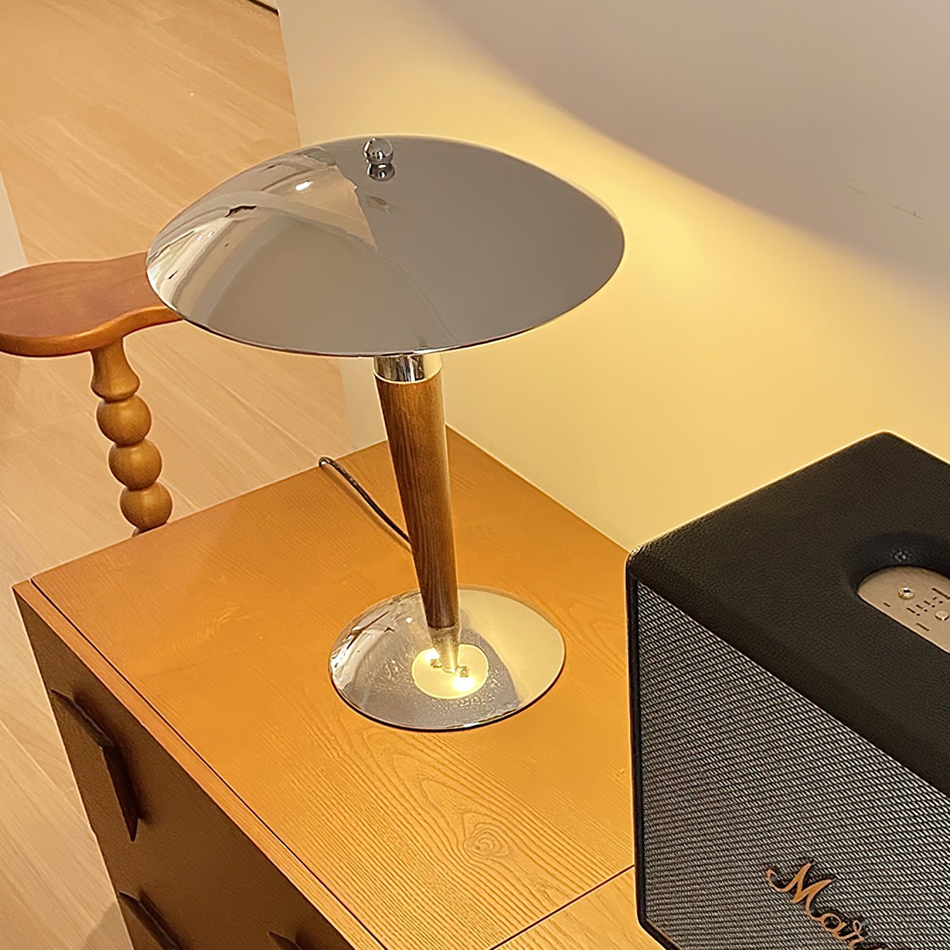 Helmet Table Lamp | Metal & Walnut Wood | Chrome Shade
