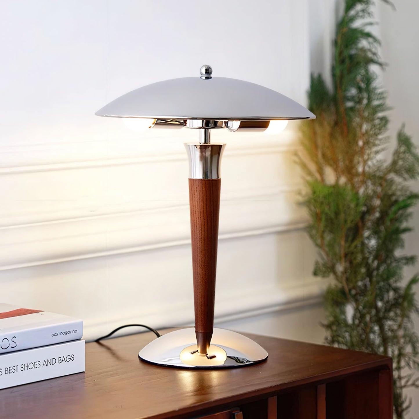 Helmet Table Lamp | Metal & Walnut Wood | Chrome Shade