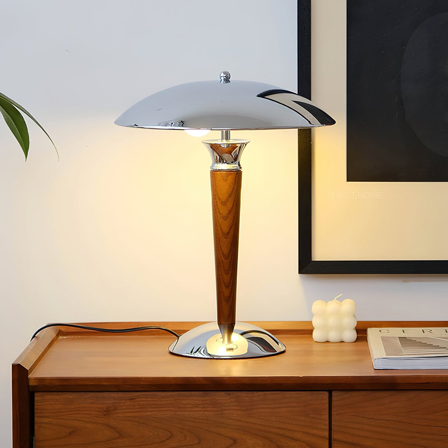 Helmet Table Lamp | Metal & Walnut Wood | Chrome Shade