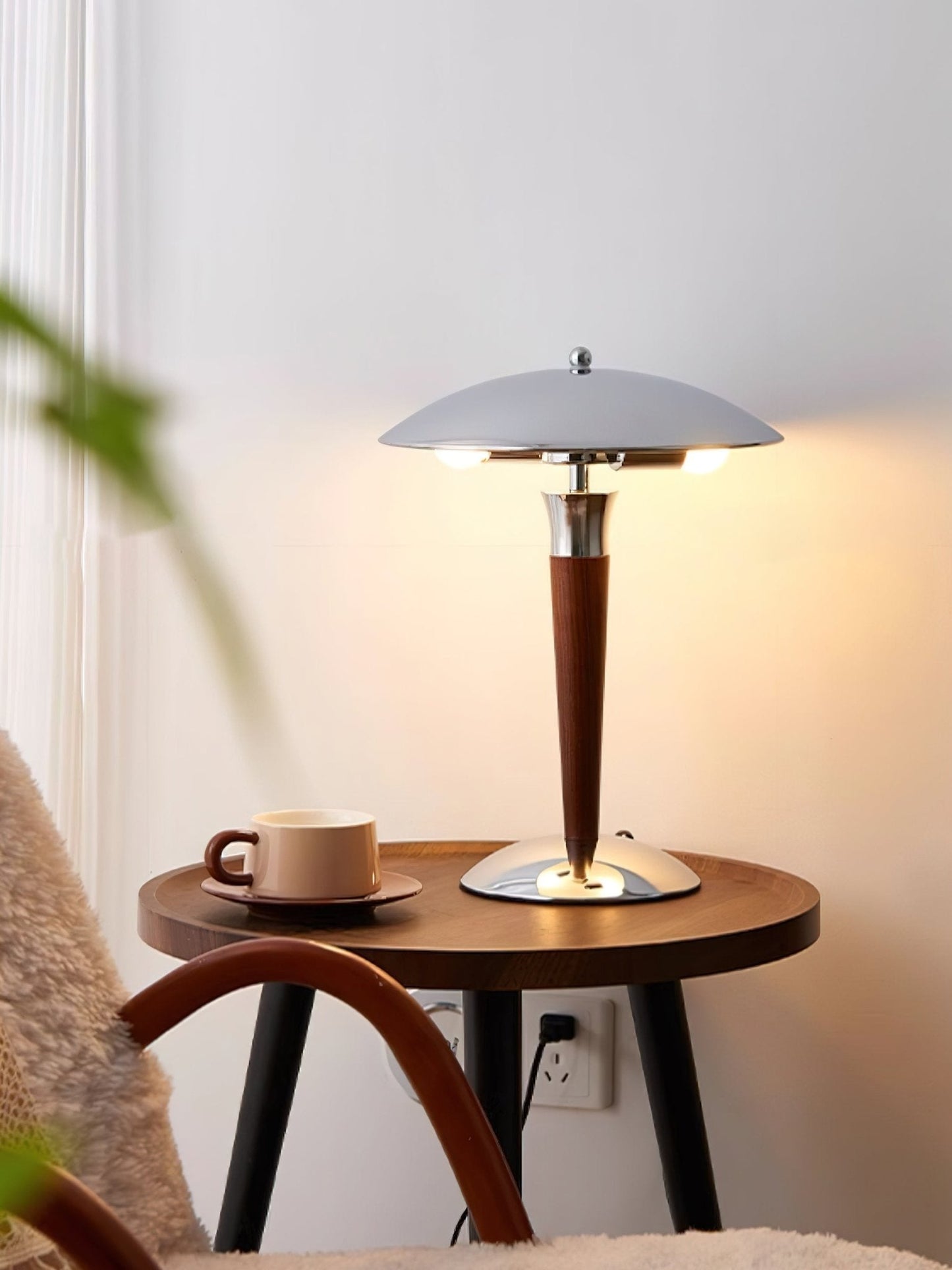 Helmet Table Lamp | Metal & Walnut Wood | Chrome Shade