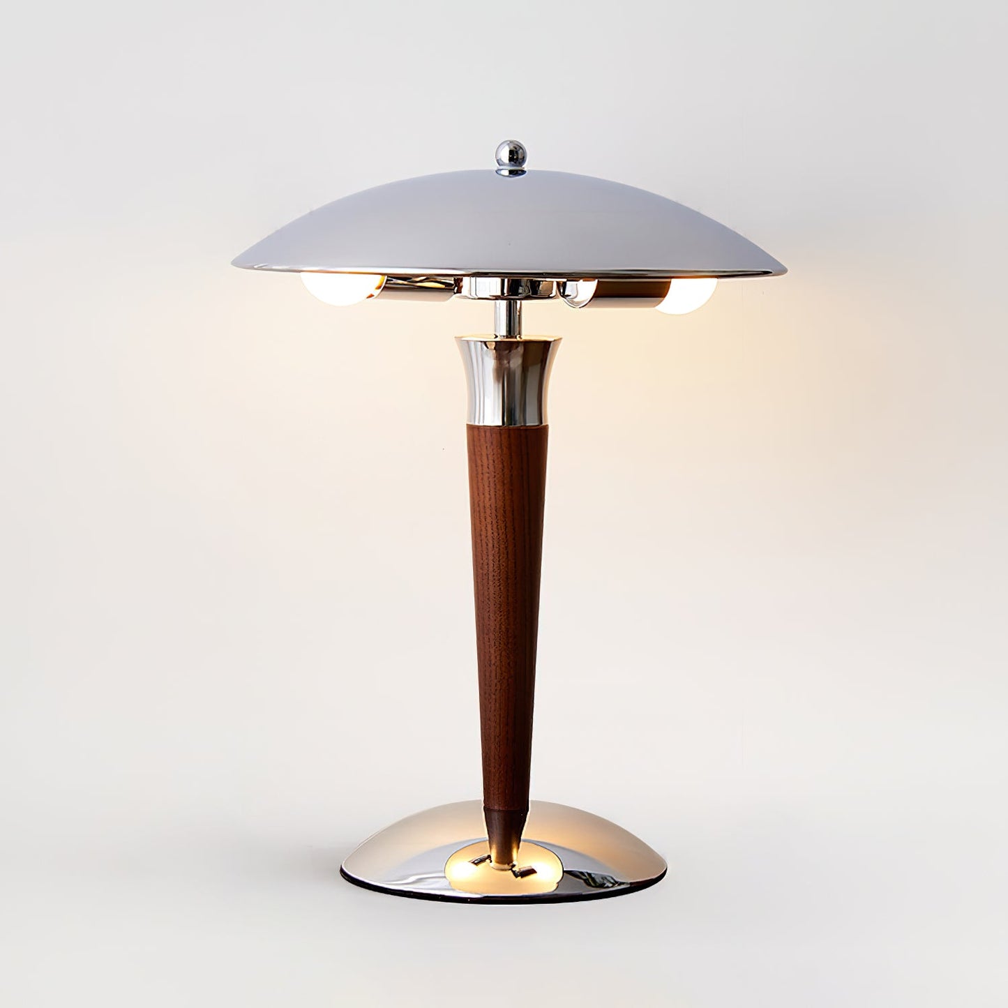 Helmet Table Lamp | Metal & Walnut Wood | Chrome Shade