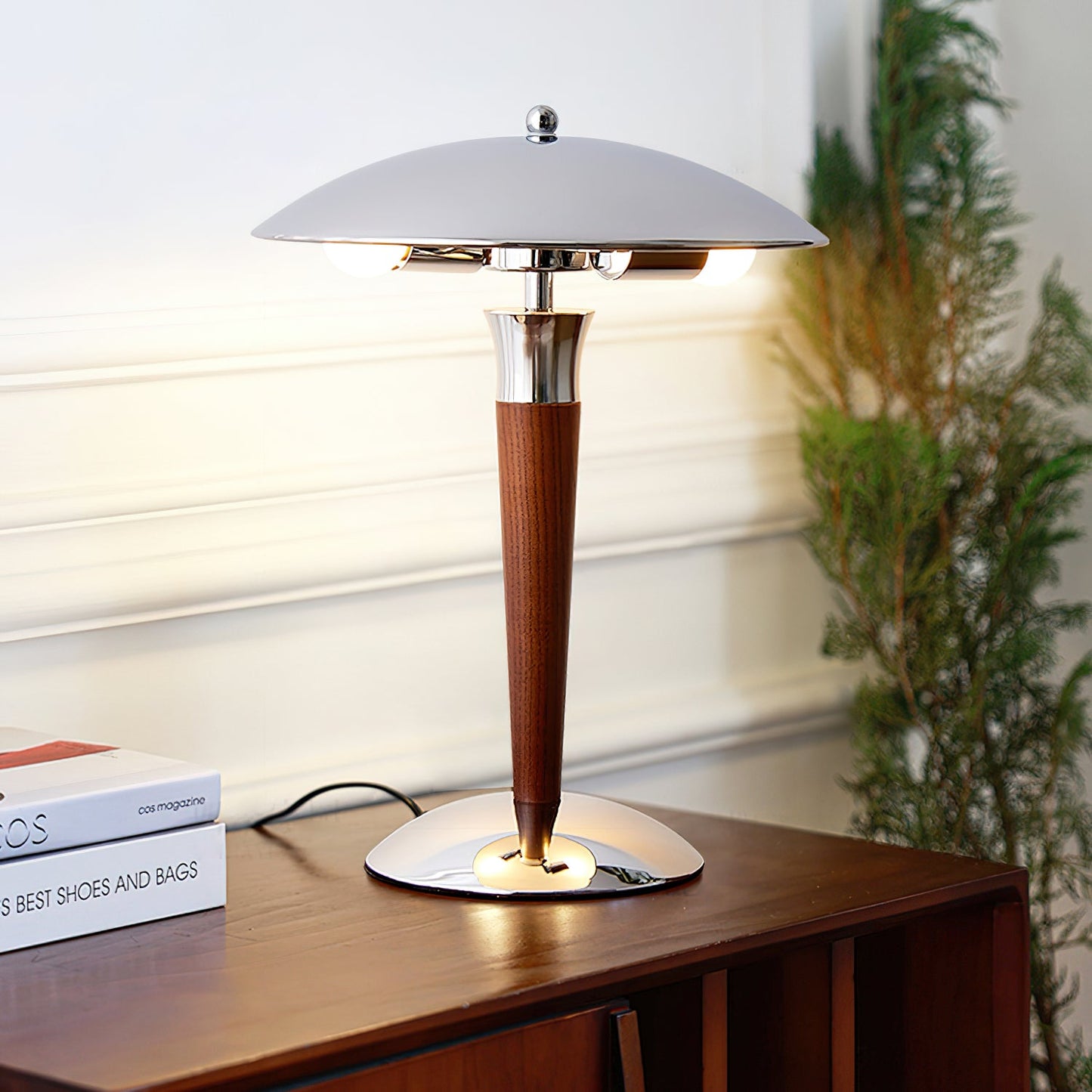 Helmet Table Lamp | Metal & Walnut Wood | Chrome Shade