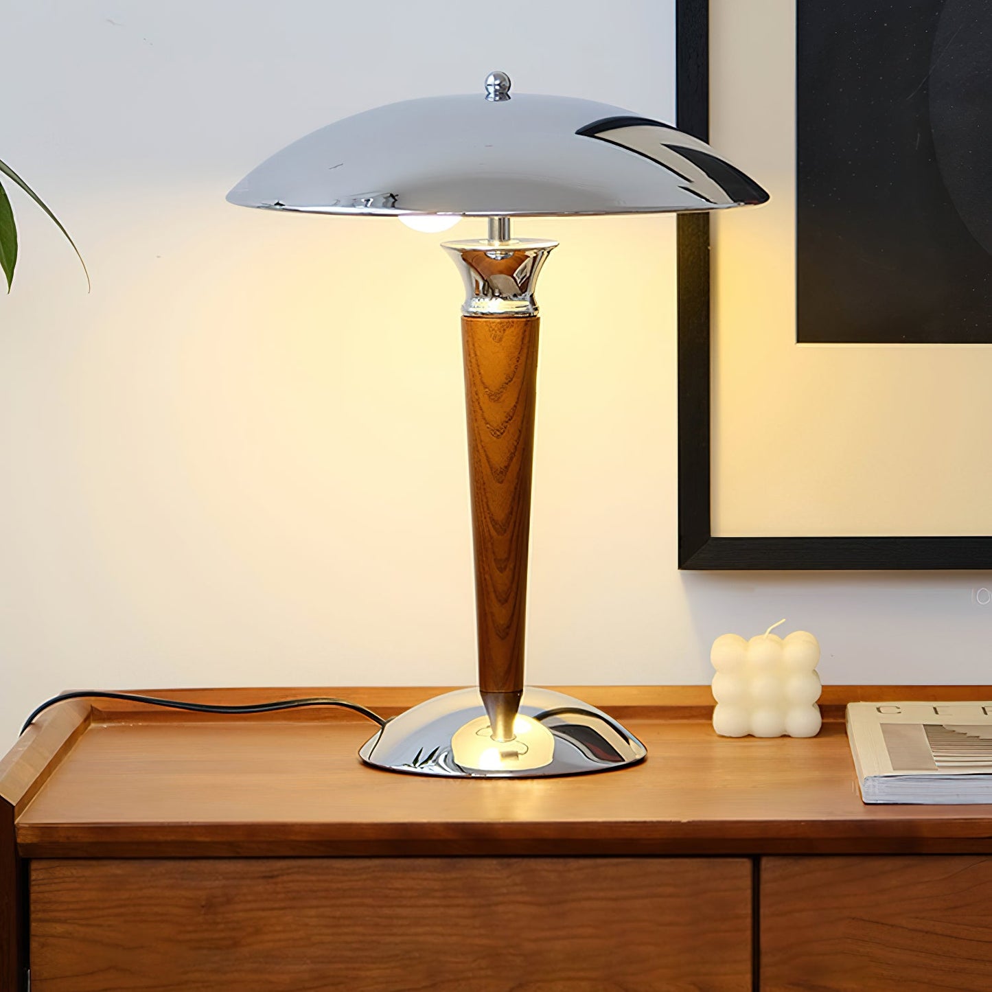 Helmet Table Lamp | Metal & Walnut Wood | Chrome Shade