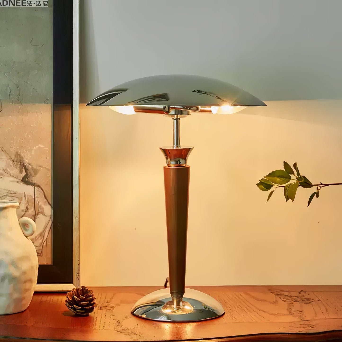 Helmet Table Lamp | Metal & Walnut Wood | Chrome Shade