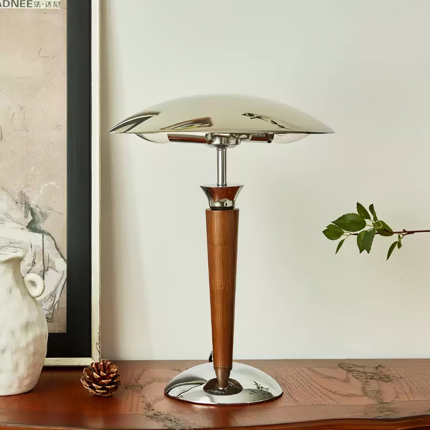 Helmet Table Lamp | Metal & Walnut Wood | Chrome Shade