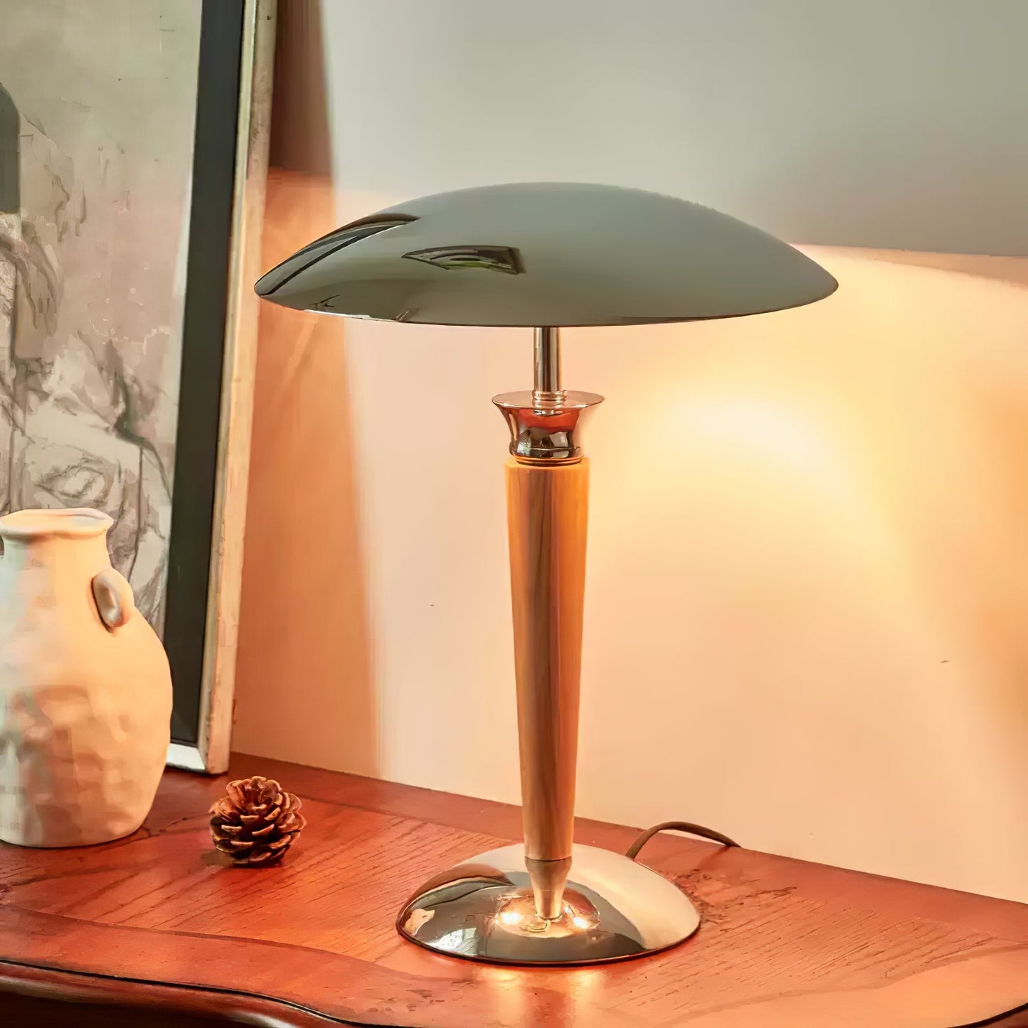 Helmet Table Lamp | Metal & Walnut Wood | Chrome Shade
