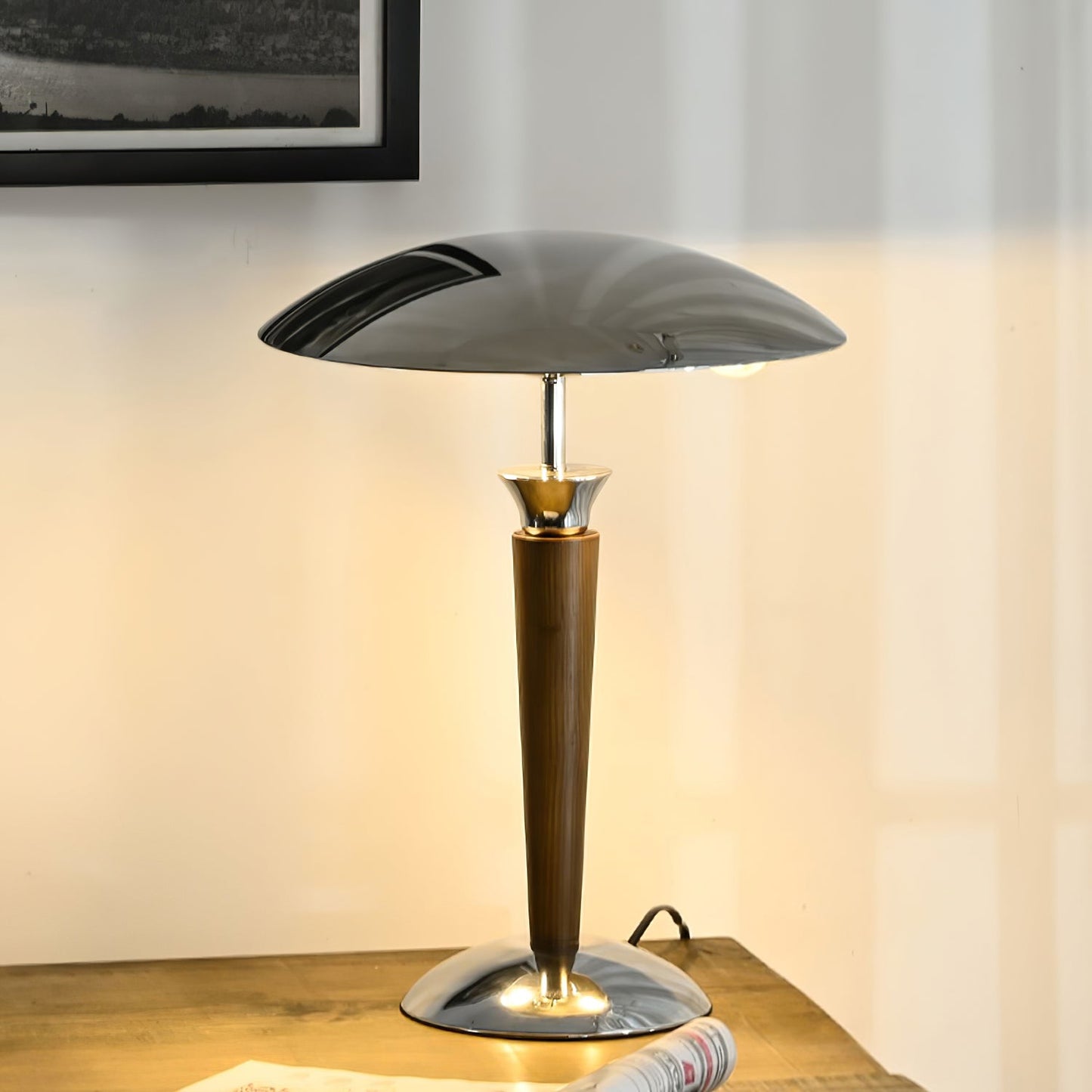 Helmet Table Lamp | Metal & Walnut Wood | Chrome Shade