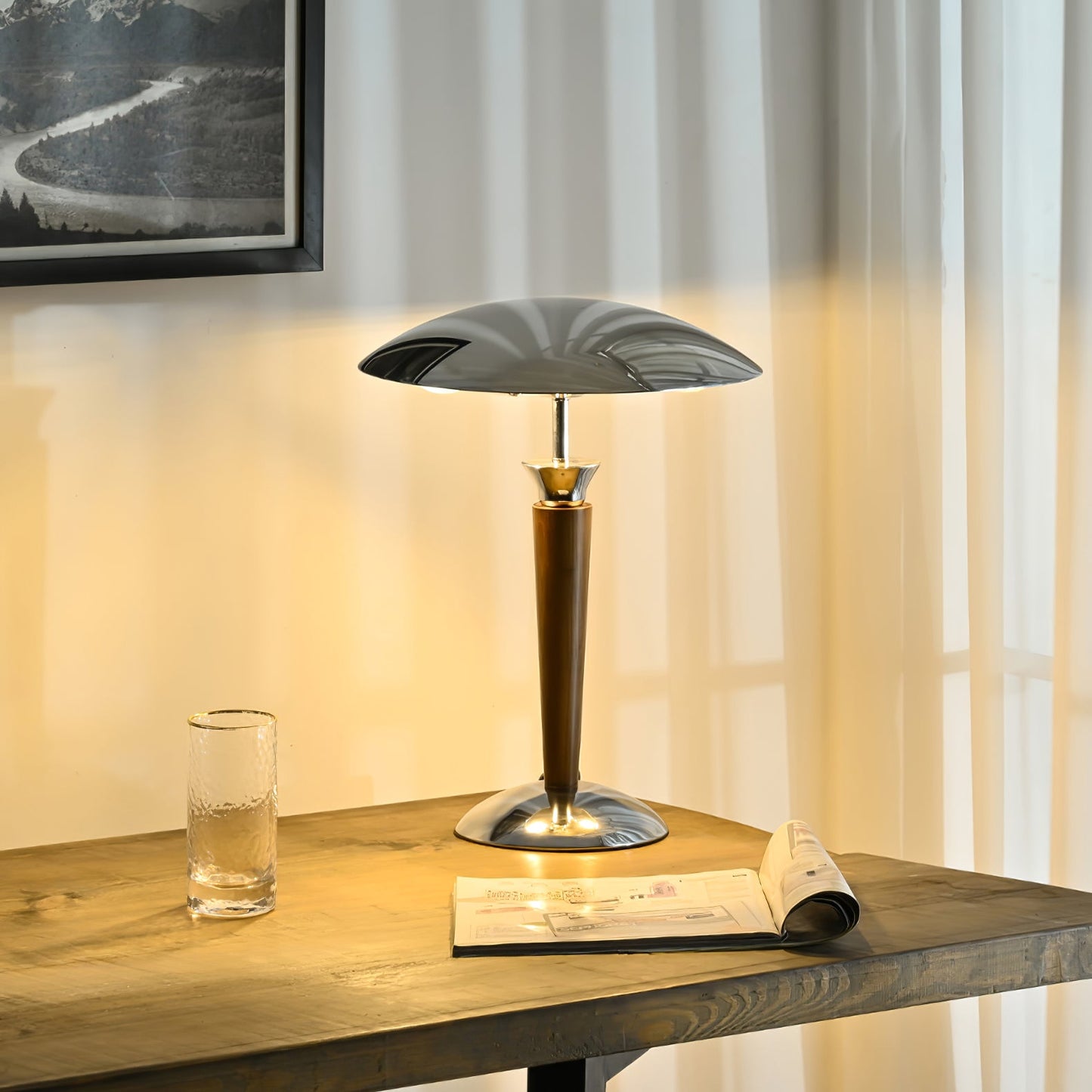 Helmet Table Lamp | Metal & Walnut Wood | Chrome Shade