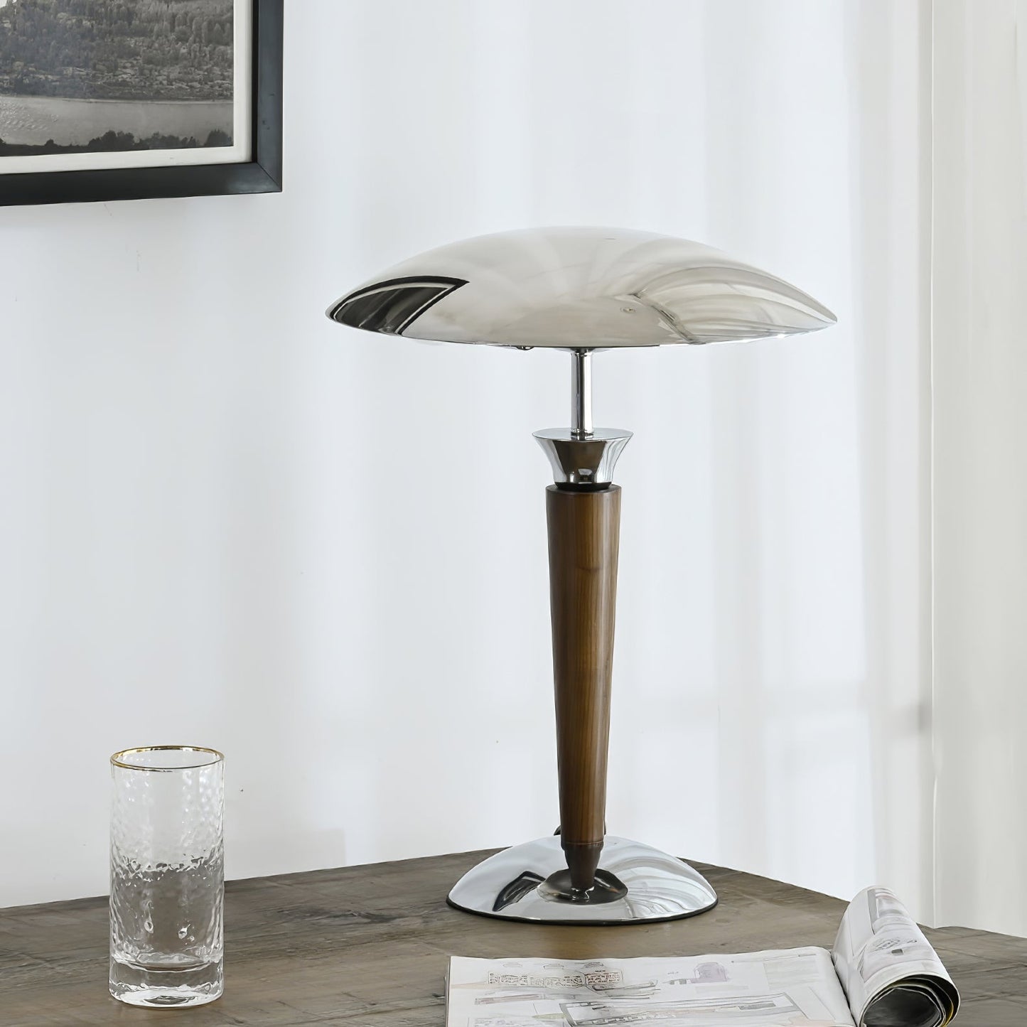 Helmet Table Lamp | Metal & Walnut Wood | Chrome Shade