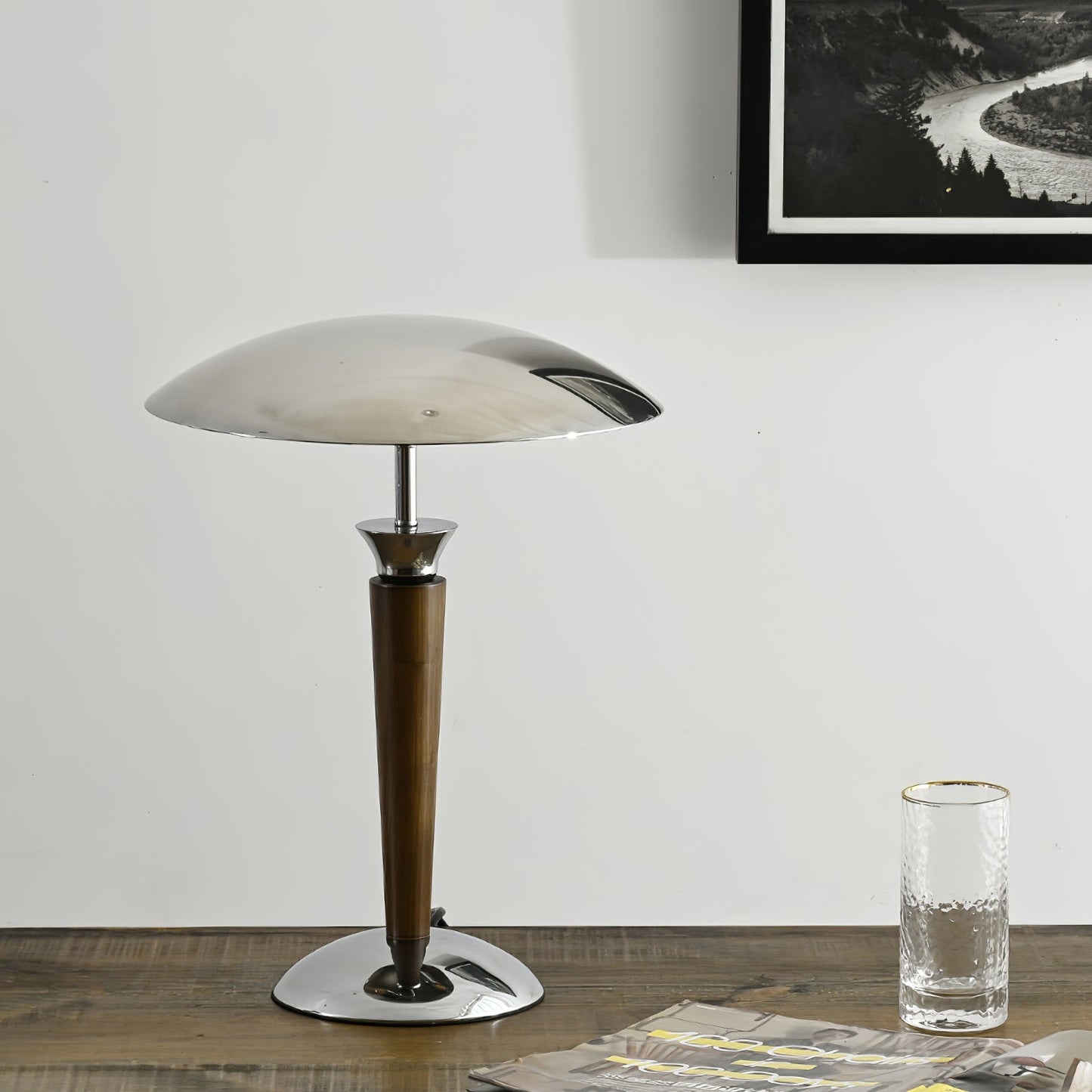 Helmet Table Lamp | Metal & Walnut Wood | Chrome Shade