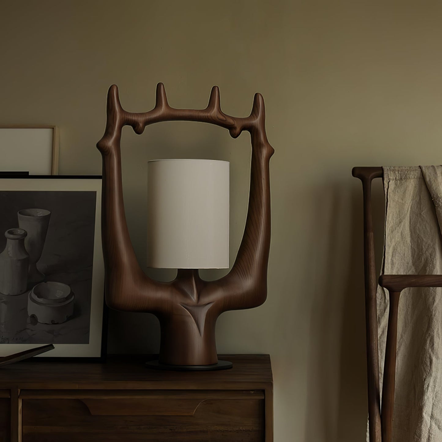Antler Table Lamp | Wood, Metal, Fabric | Walnut, Black, White