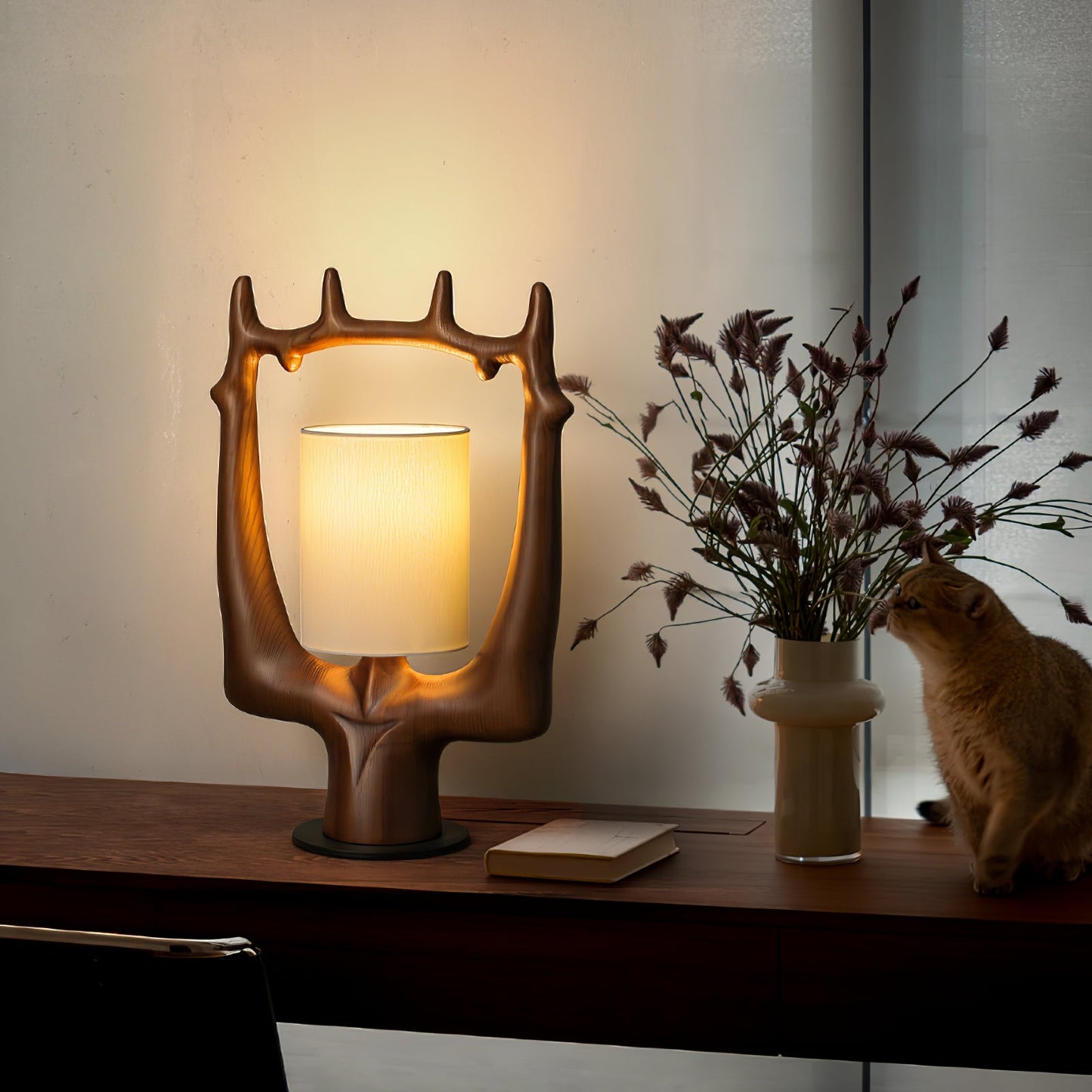 Antler Table Lamp | Wood, Metal, Fabric | Walnut, Black, White