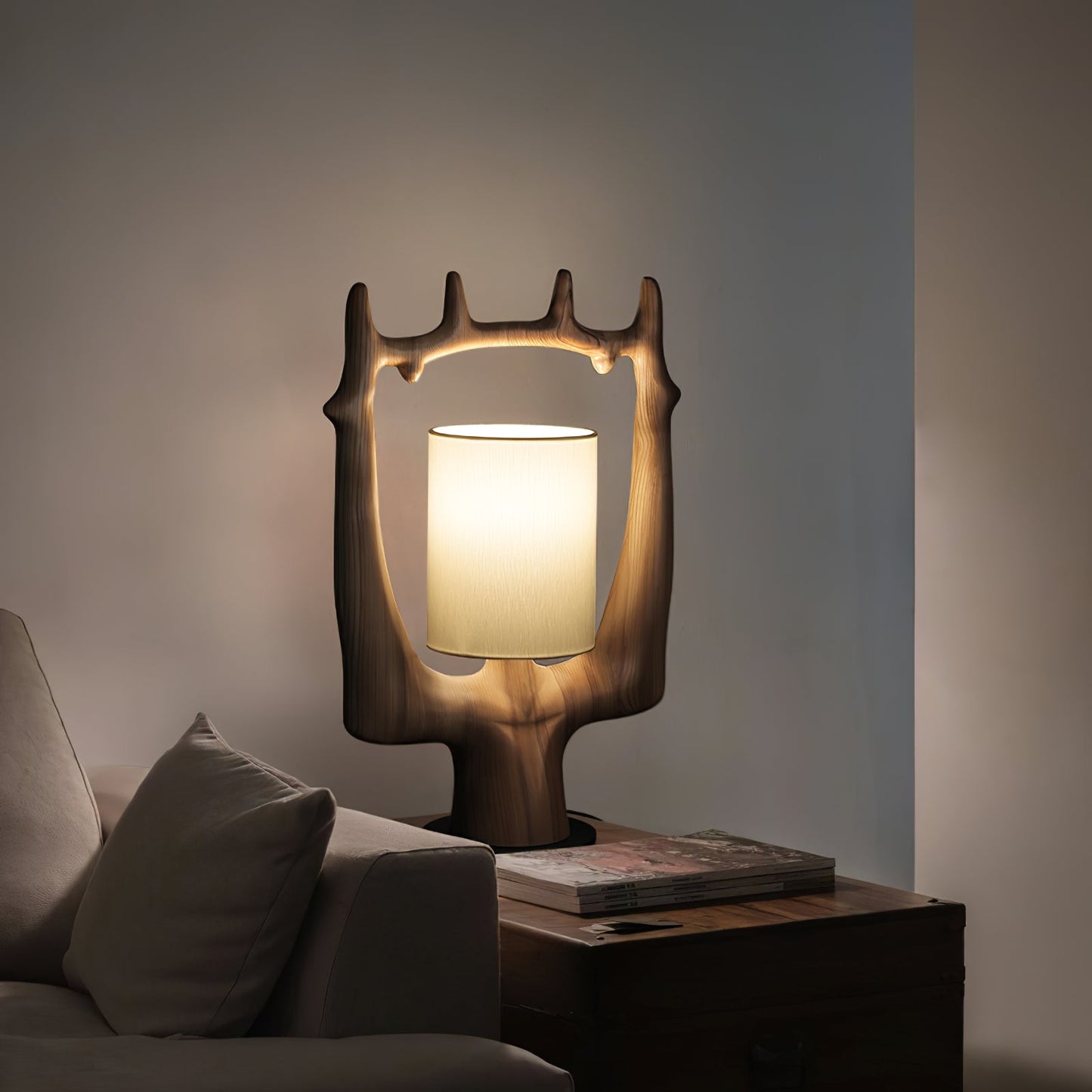 Antler Table Lamp | Wood, Metal, Fabric | Walnut, Black, White