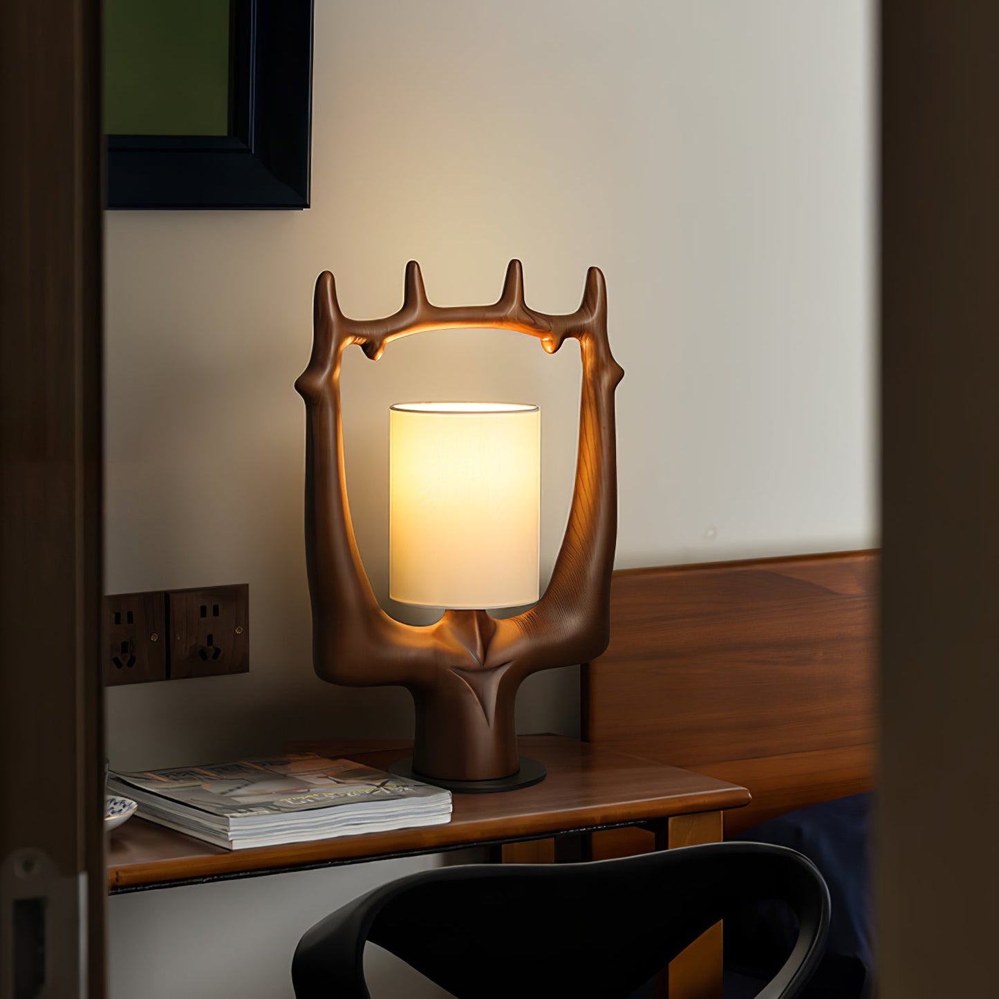 Antler Table Lamp | Wood, Metal, Fabric | Walnut, Black, White