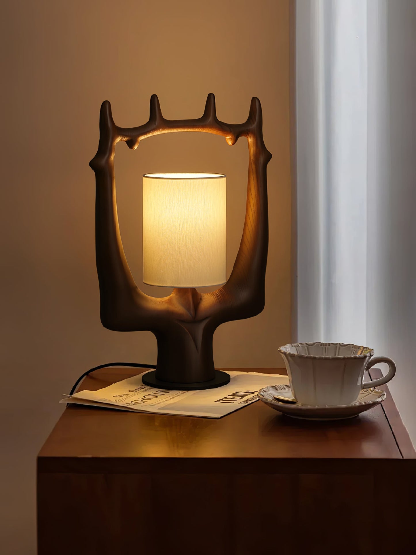 Antler Table Lamp | Wood, Metal, Fabric | Walnut, Black, White