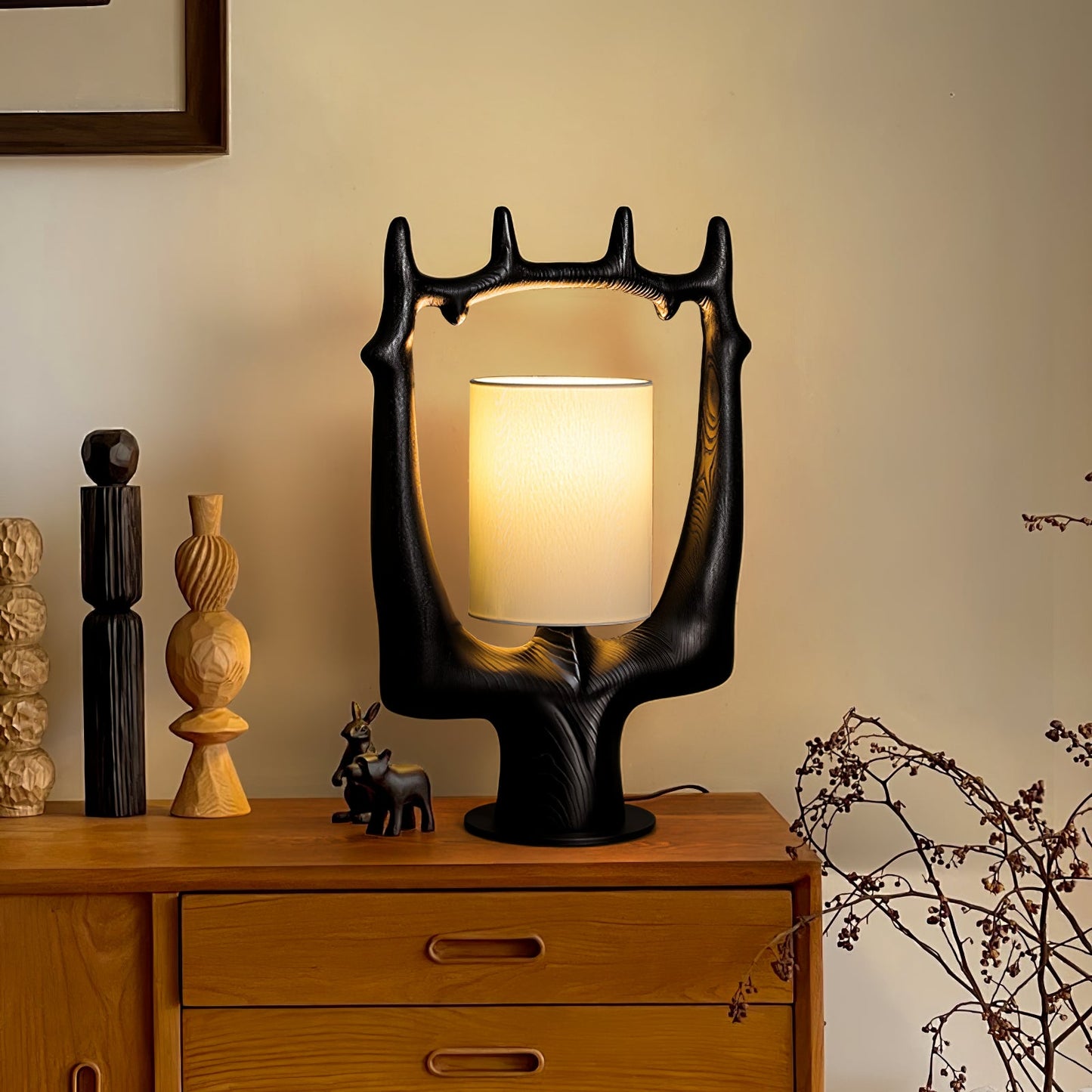 Antler Table Lamp | Wood, Metal, Fabric | Walnut, Black, White