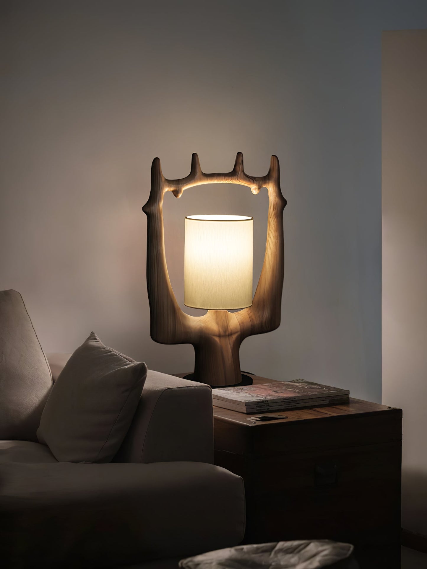 Antler Table Lamp | Wood, Metal, Fabric | Walnut, Black, White