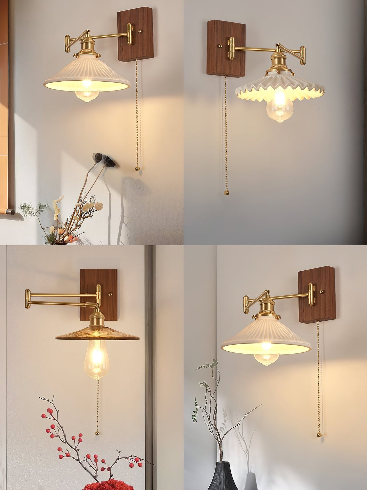 Heritage Walnut Wall Lamp | Wooden Base & Brass Accents | Various Sizes