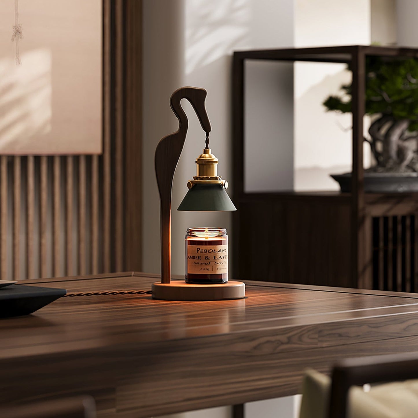Heron Glow Candle Warmer Lamp | Wood & Brass | Green Shade