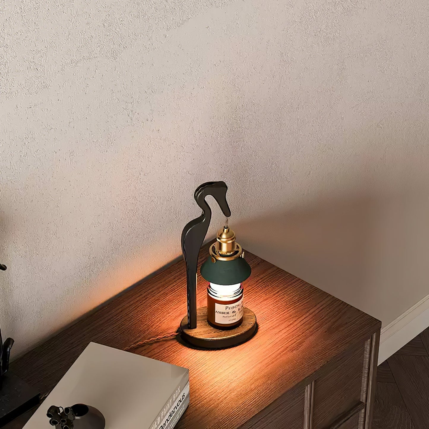 Heron Glow Candle Warmer Lamp | Wood & Brass | Green Shade