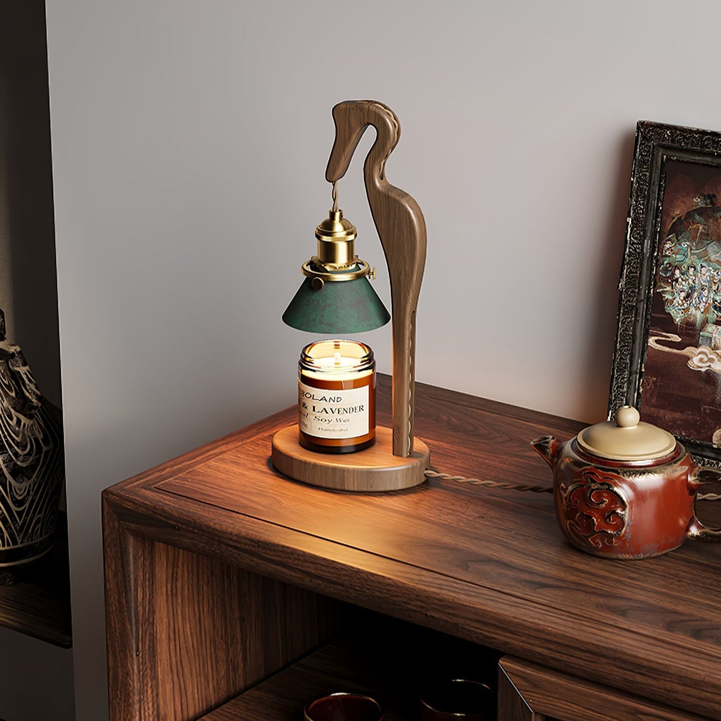 Heron Glow Candle Warmer Lamp | Wood & Brass | Green Shade