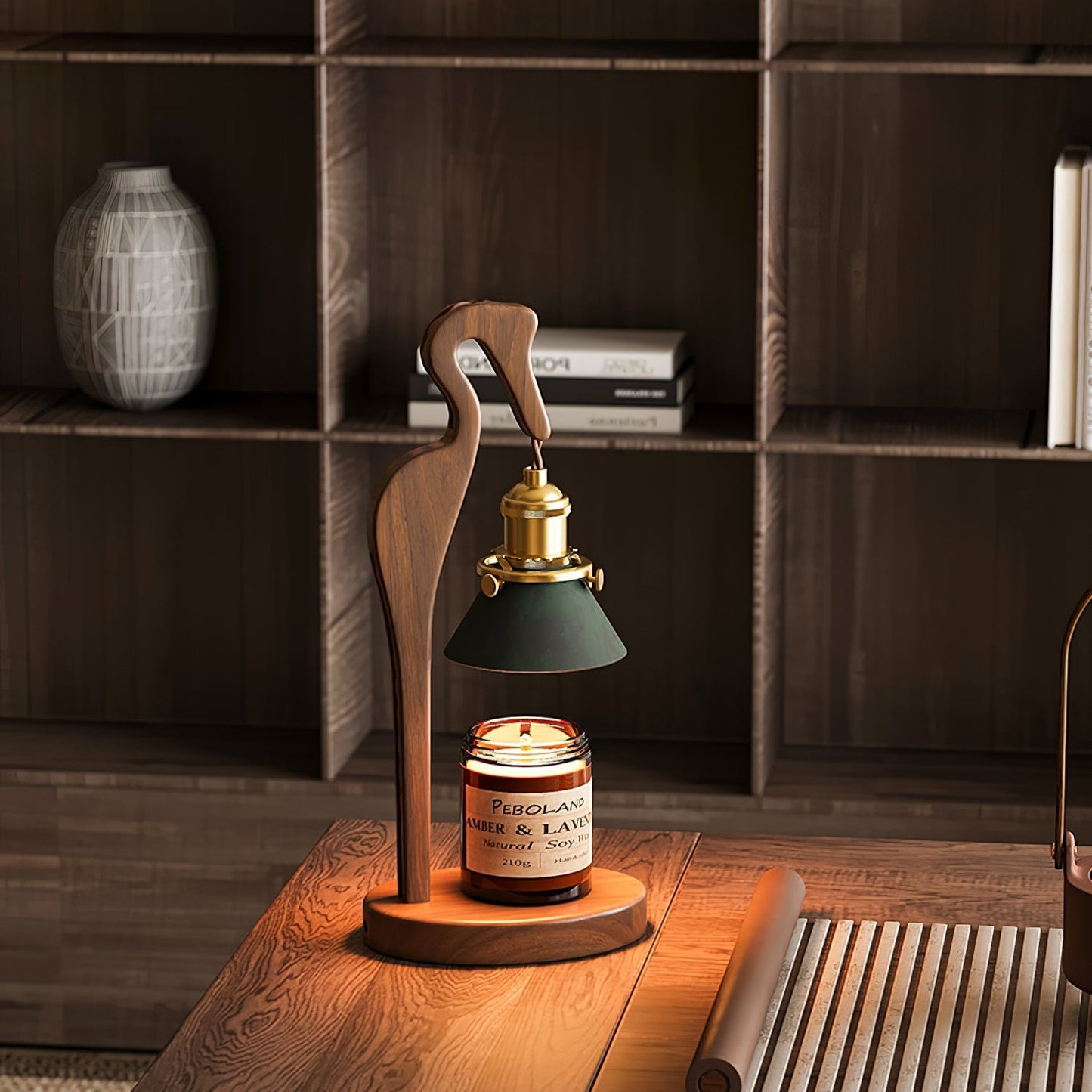 Heron Glow Candle Warmer Lamp | Wood & Brass | Green Shade