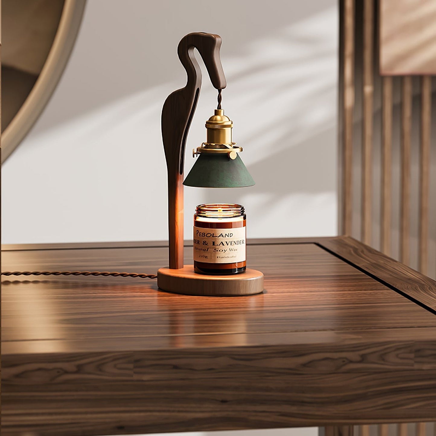 Heron Glow Candle Warmer Lamp | Wood & Brass | Green Shade