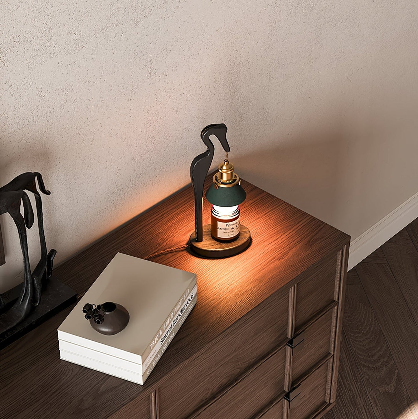 Heron Glow Candle Warmer Lamp | Wood & Brass | Green Shade