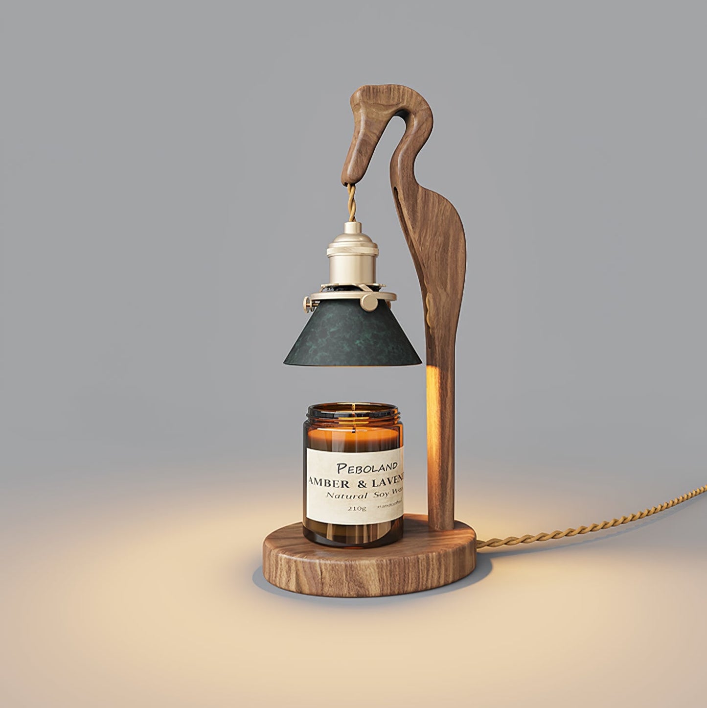 Heron Glow Candle Warmer Lamp | Wood & Brass | Green Shade