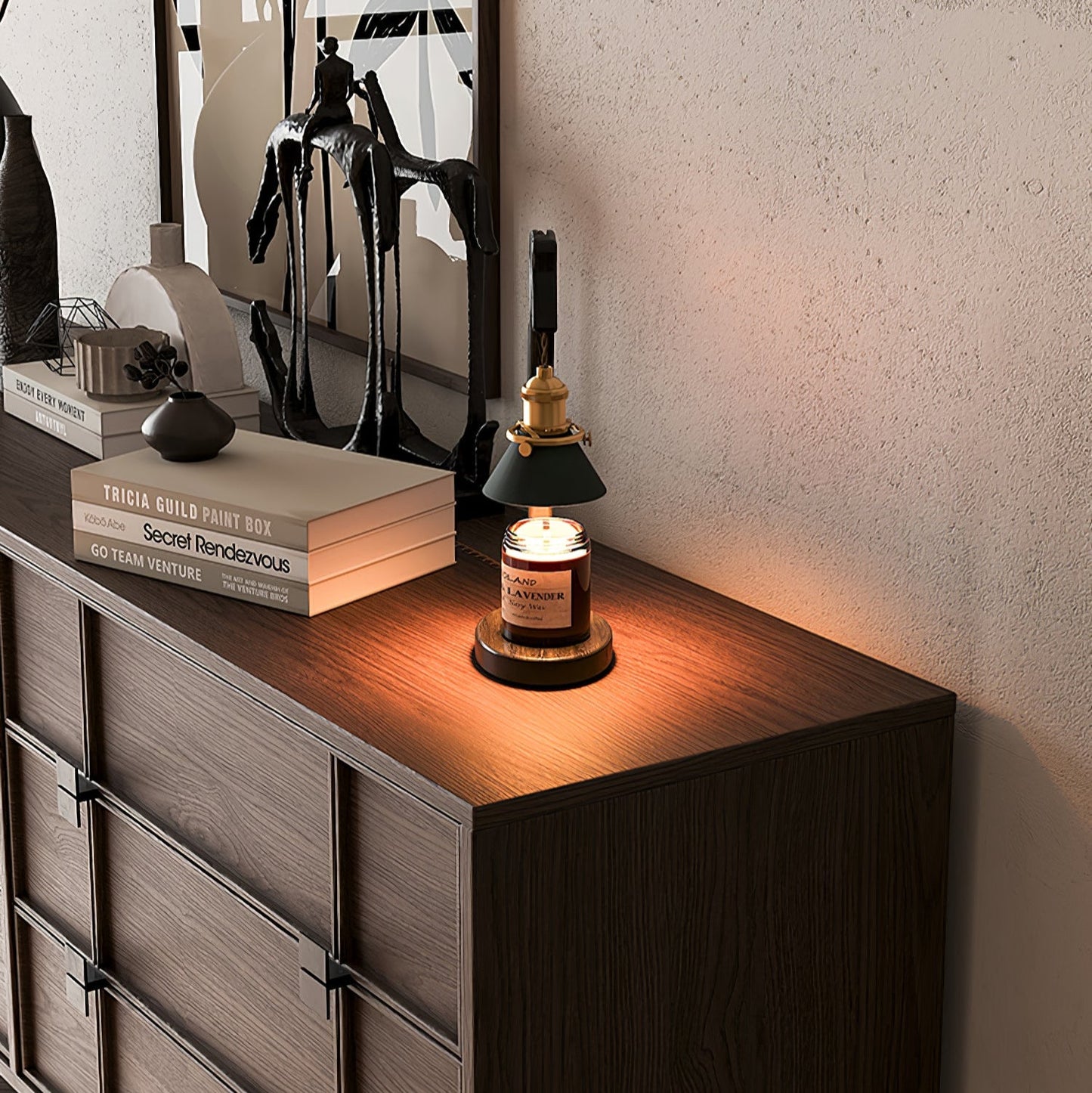 Heron Glow Candle Warmer Lamp | Wood & Brass | Green Shade