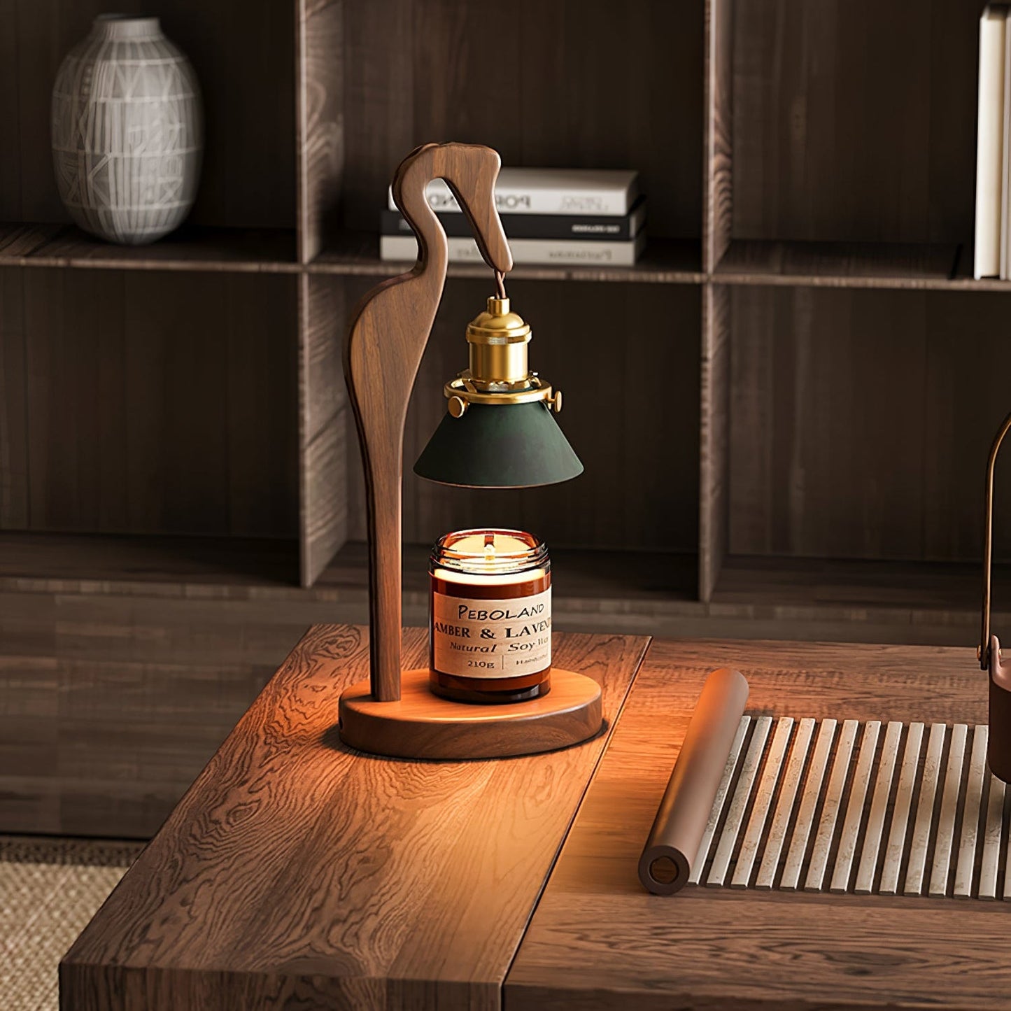 Heron Glow Candle Warmer Lamp | Wood & Brass | Green Shade