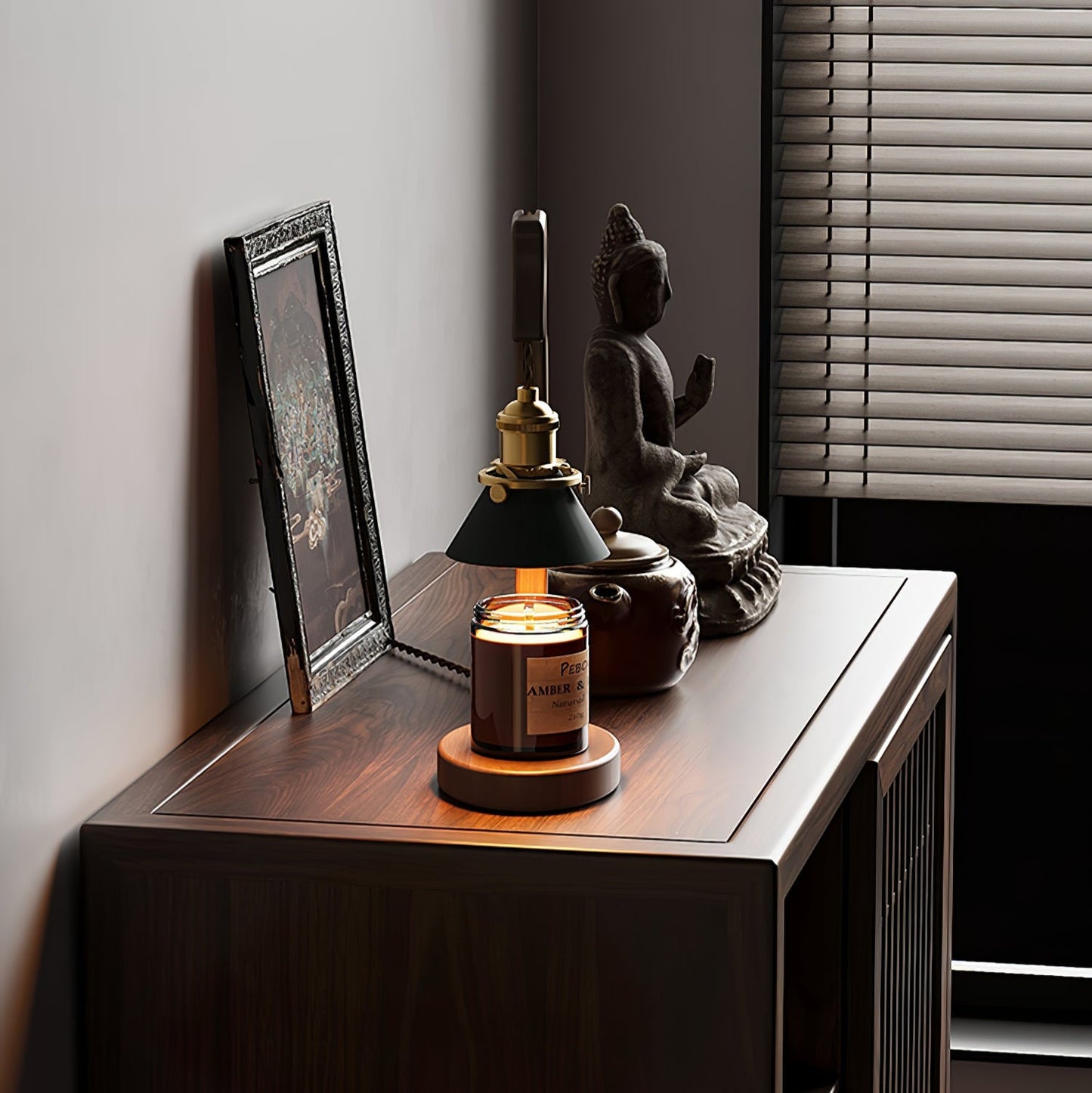 Heron Glow Candle Warmer Lamp | Wood & Brass | Green Shade