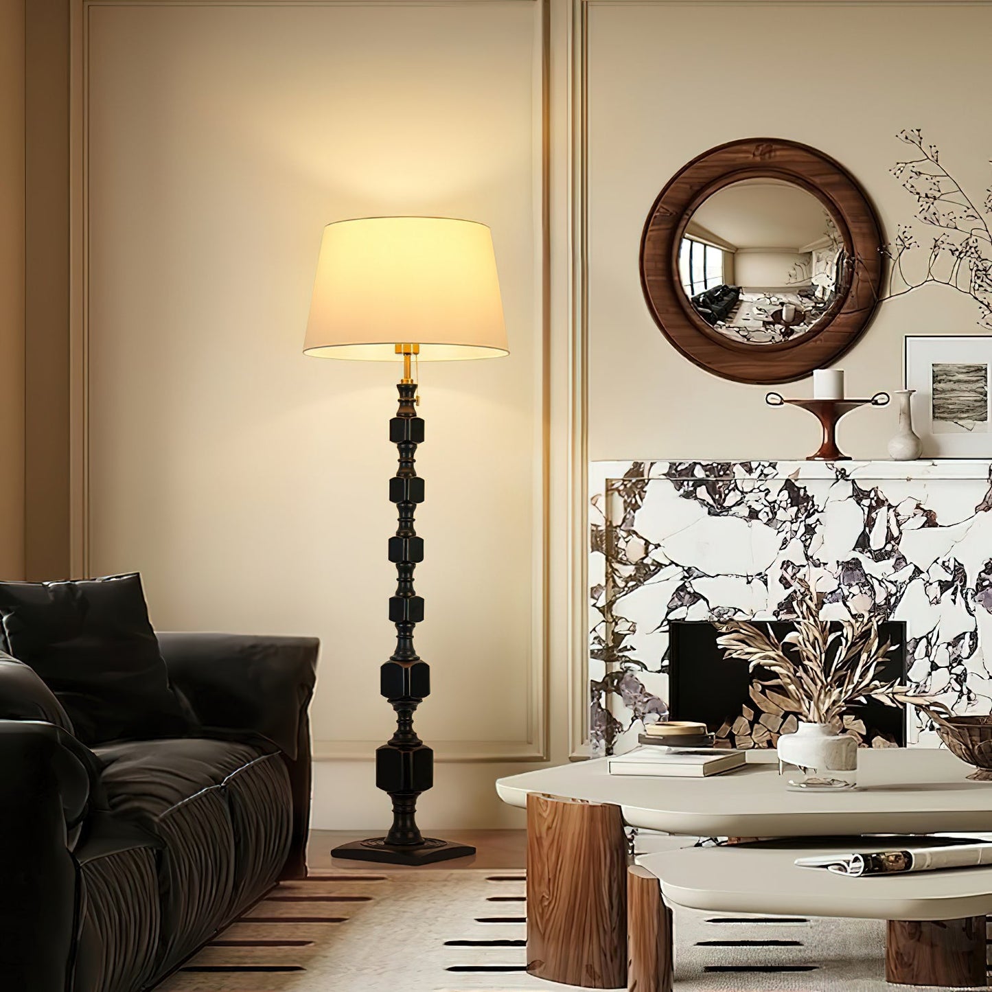 Hexas Floor Lamp | Wood & Metal | Gold and Walnut
