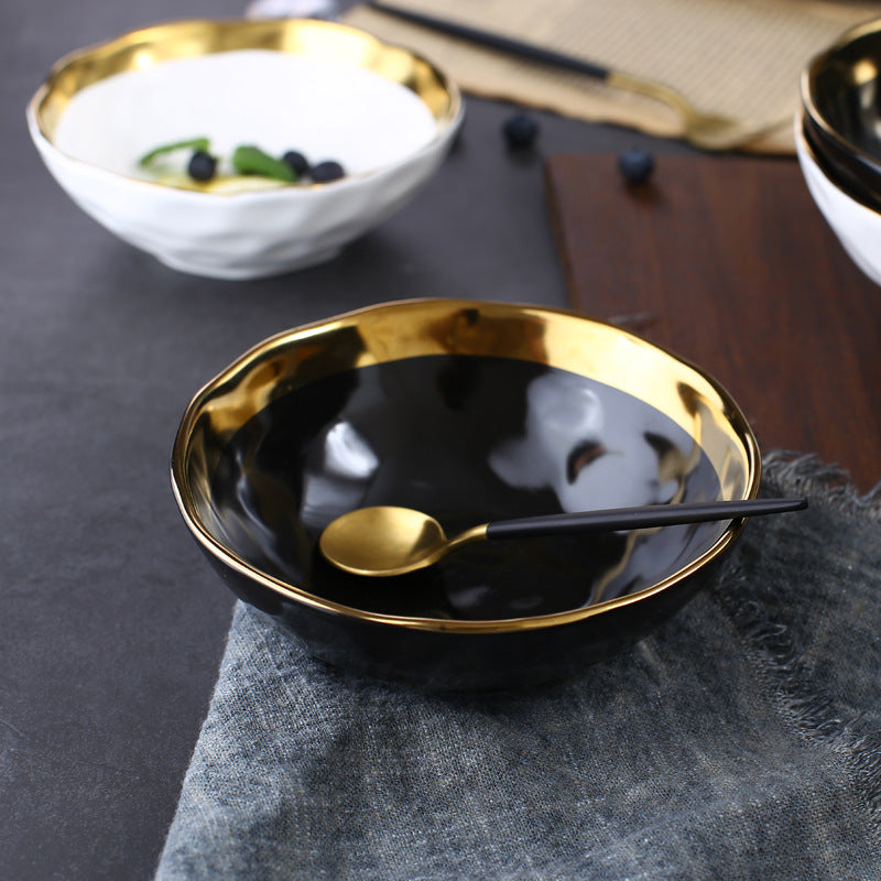 Pearl Plate Set | Handmade Fine Porcelain | Gold Rimmed, Cream & Black