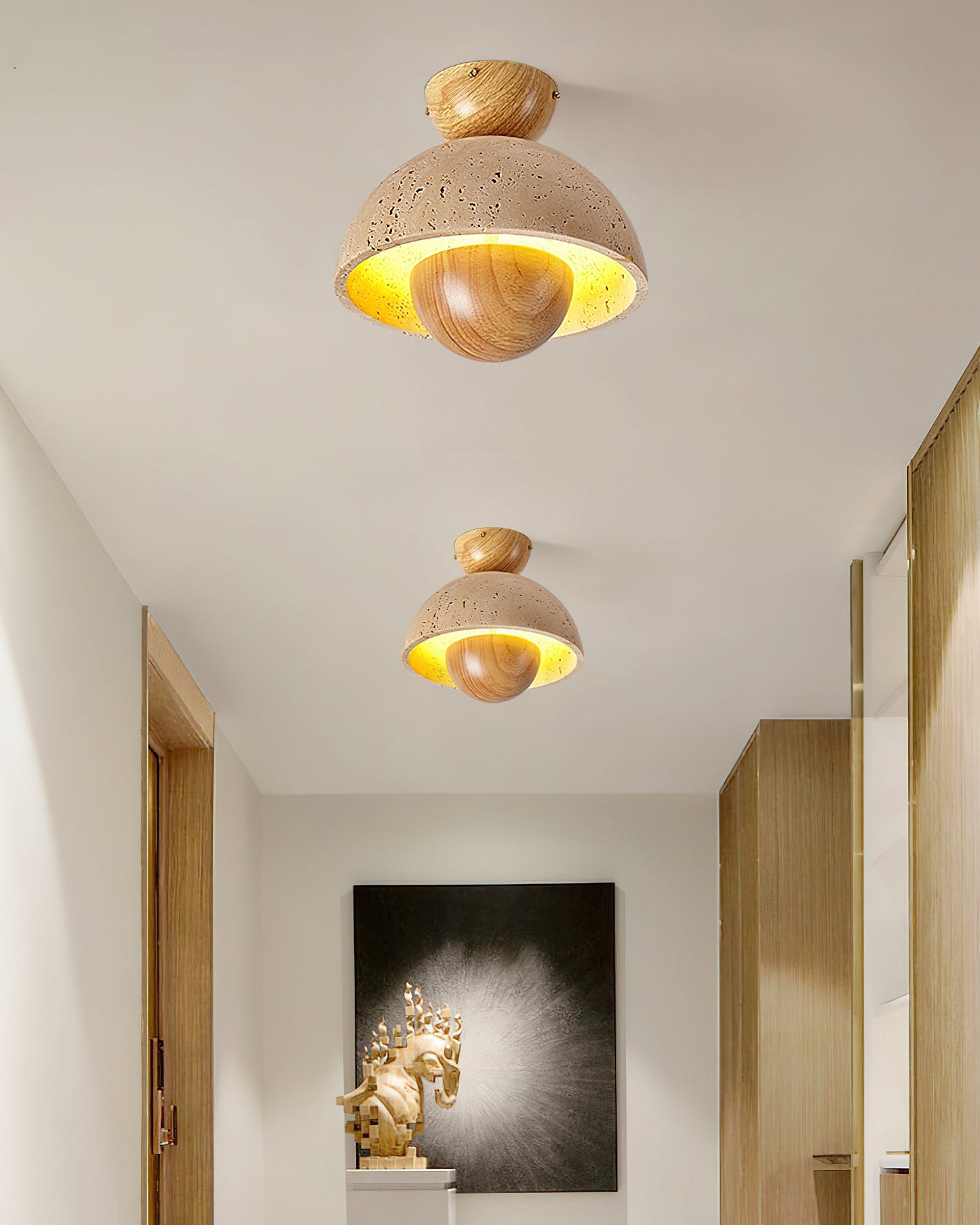 Inverted Ceiling Lamp | Travertine, Metal, Wood | Yellow, Walnut, Wood Color
