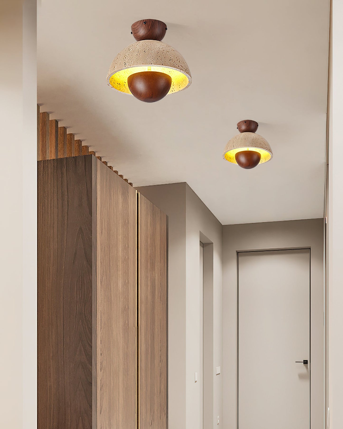 Inverted Ceiling Lamp | Travertine, Metal, Wood | Yellow, Walnut, Wood Color